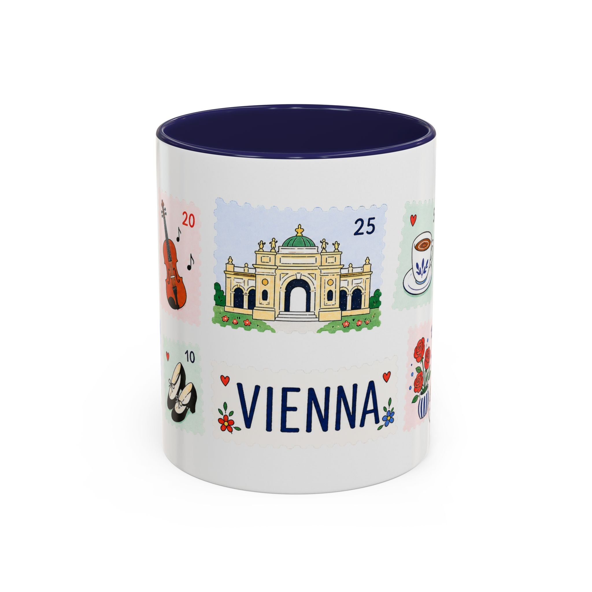 Vienna Coffee Mug | Postage Stamp Collage Mug | Travel Souvenir Accent Cup 11oz 15oz