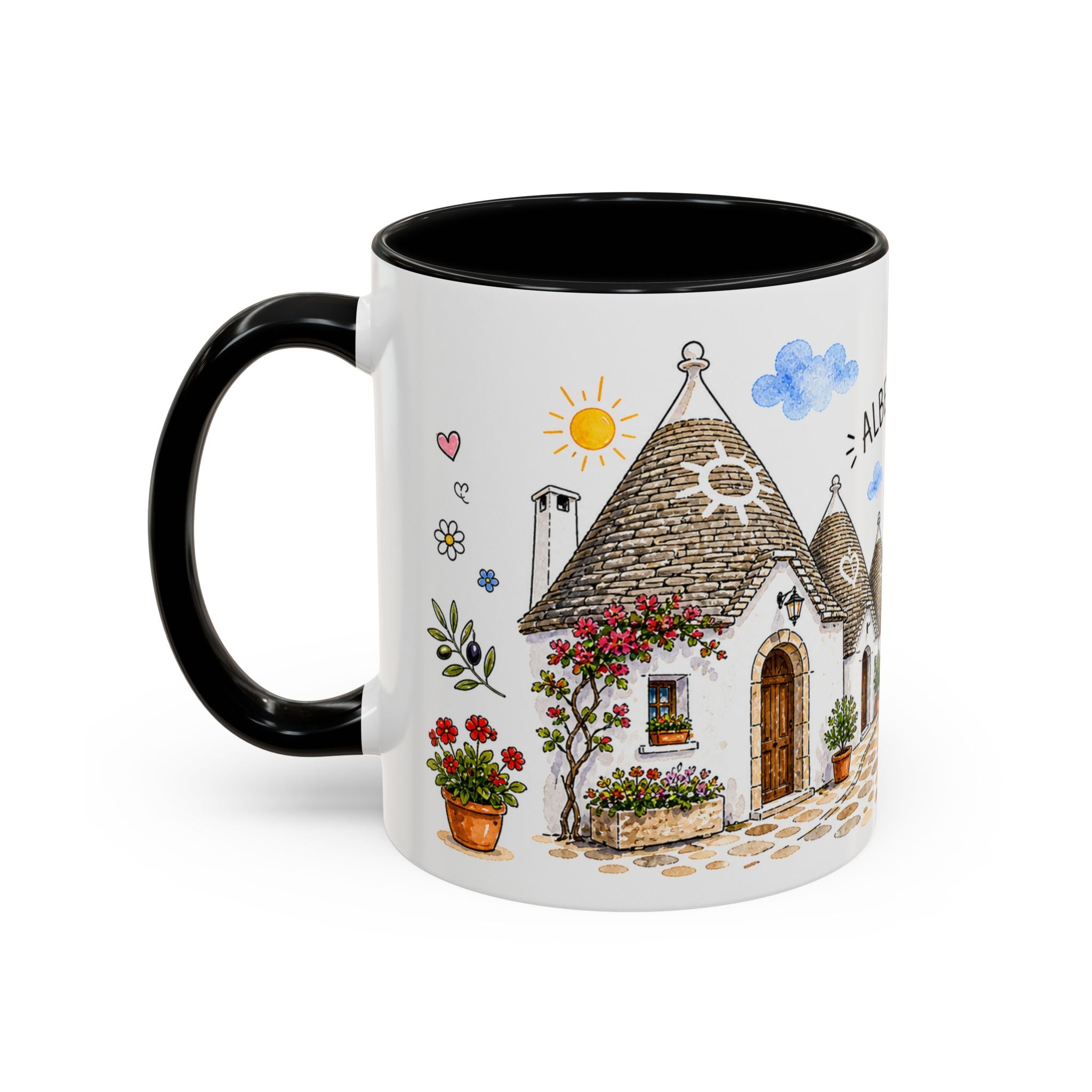 Alberobello Illustrated Travel Mug | Italy Souvenir Accent Coffee Mug | 11oz 15oz Ceramic Cup