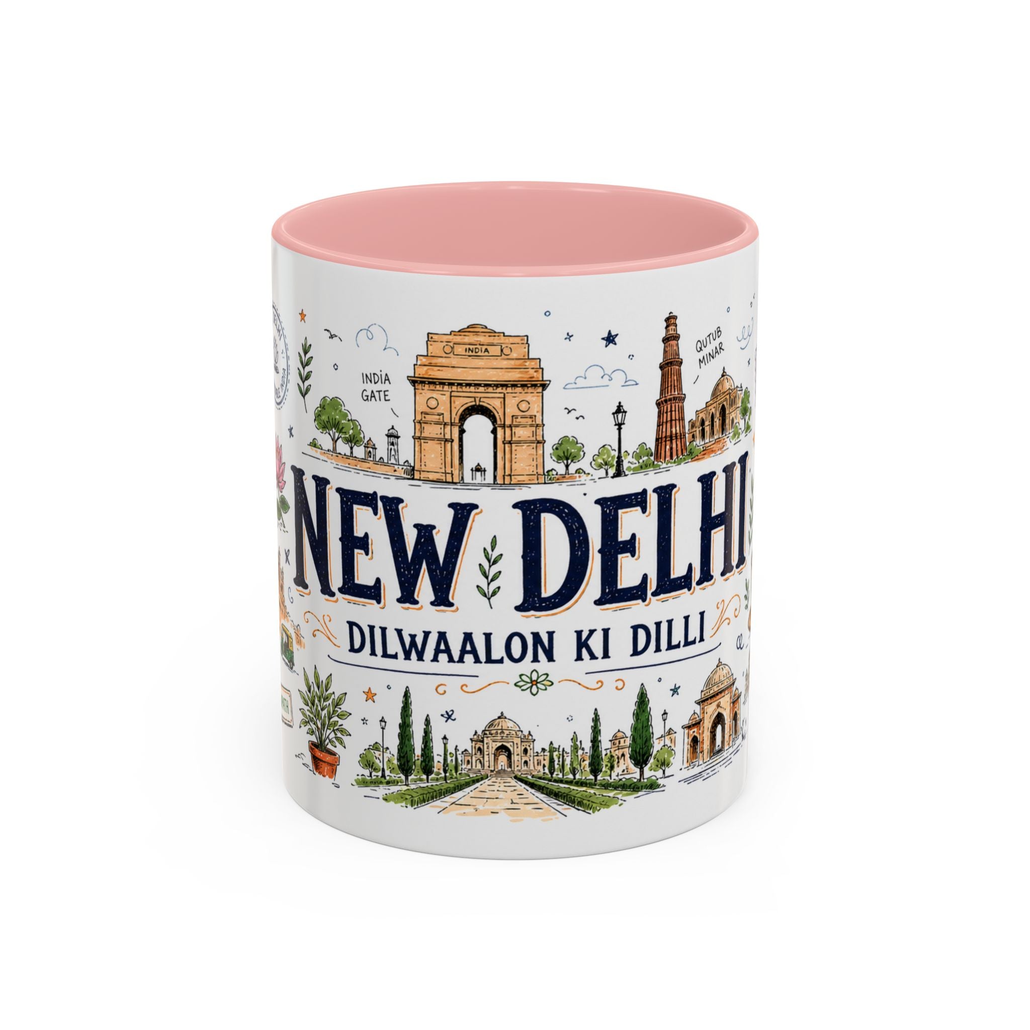 New Delhi Coffee Mug | India Souvenir Travel Gift | Accent Color Ceramic 11oz 15oz