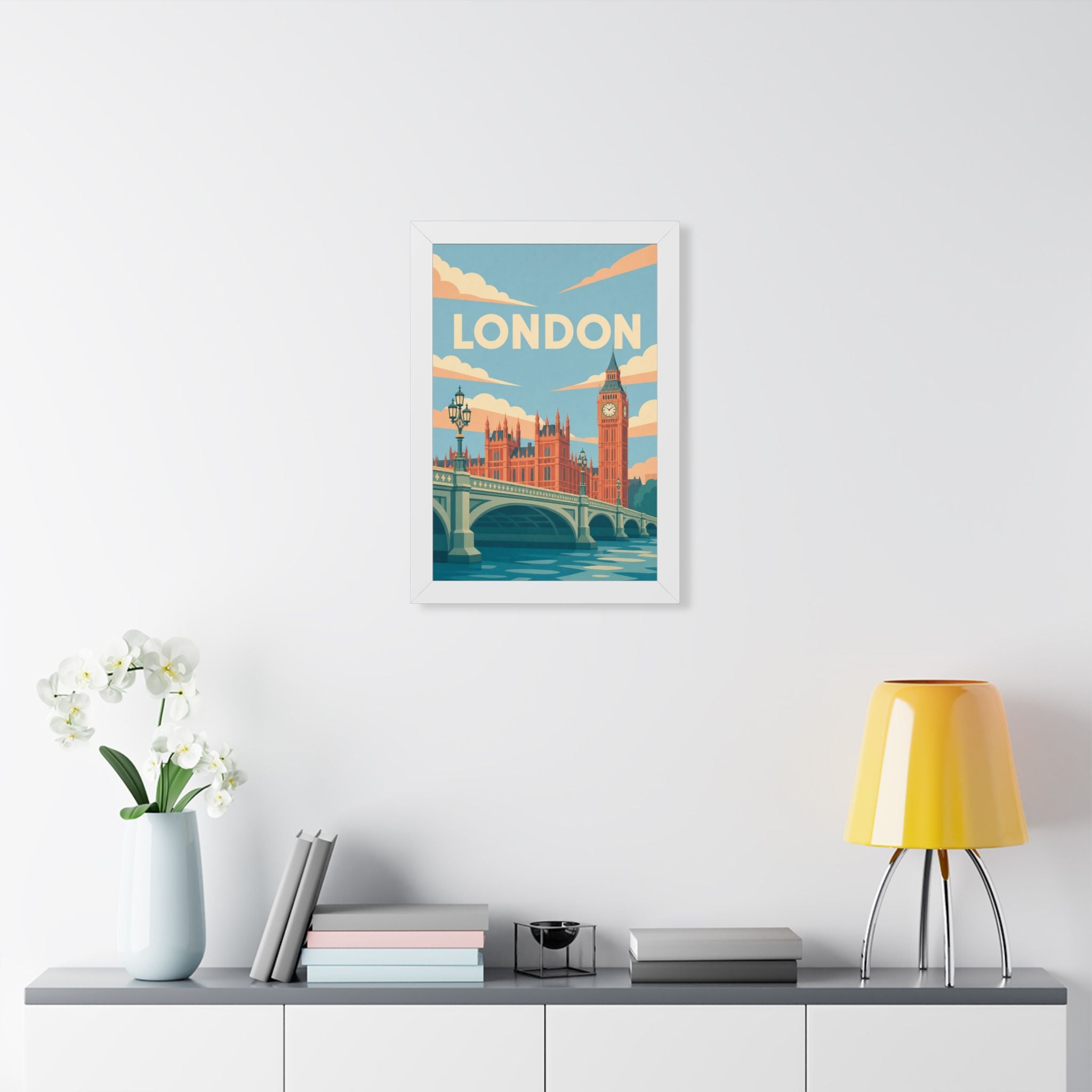 London Westminster United Kingdom Framed Poster | Vintage Travel Wall Art | Black Walnut White Frame | 16x24 20x30
