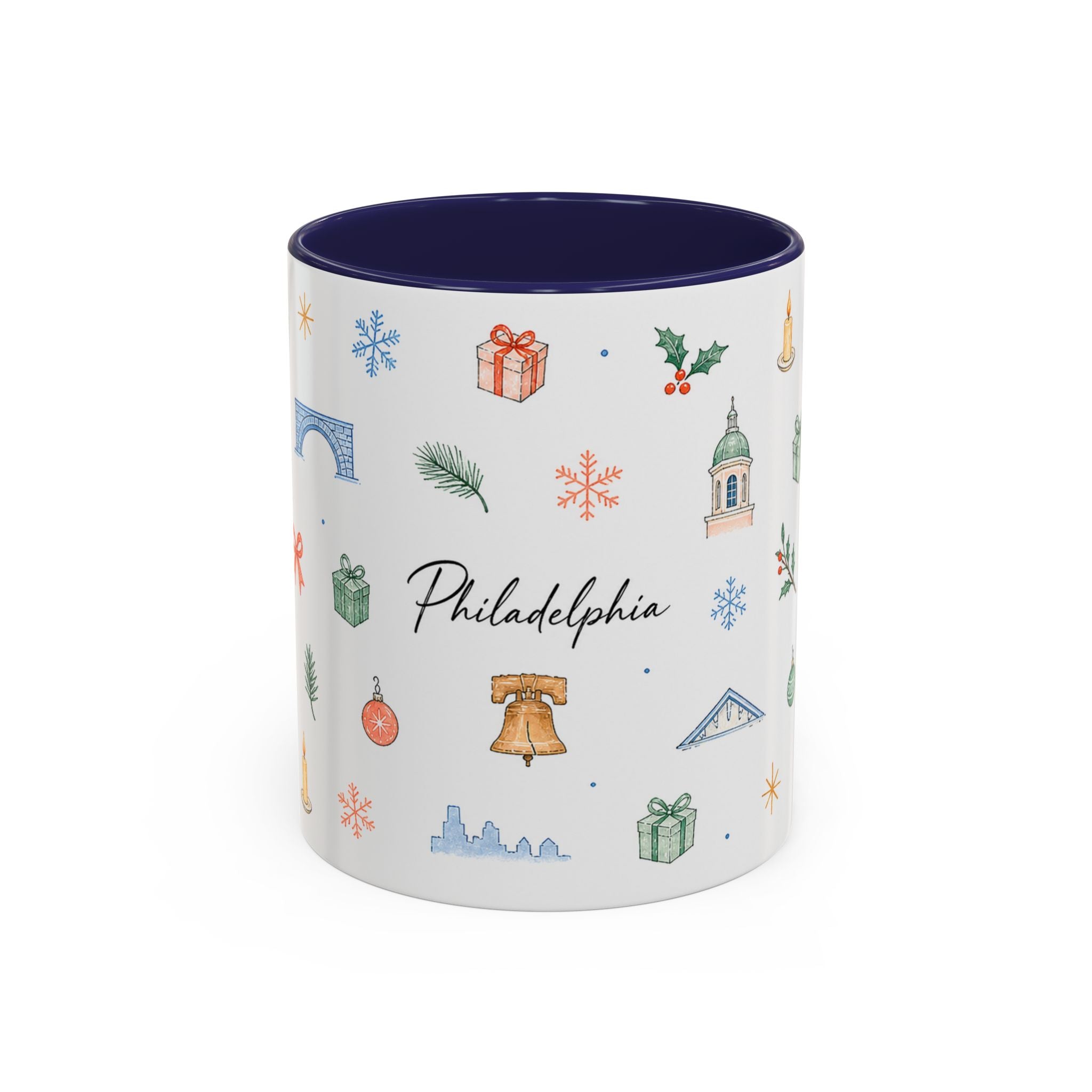 Philadelphia Christmas Mug | Watercolor Travel Souvenir | Holiday Gift | Accent Ceramic Coffee Cup 11oz 15oz