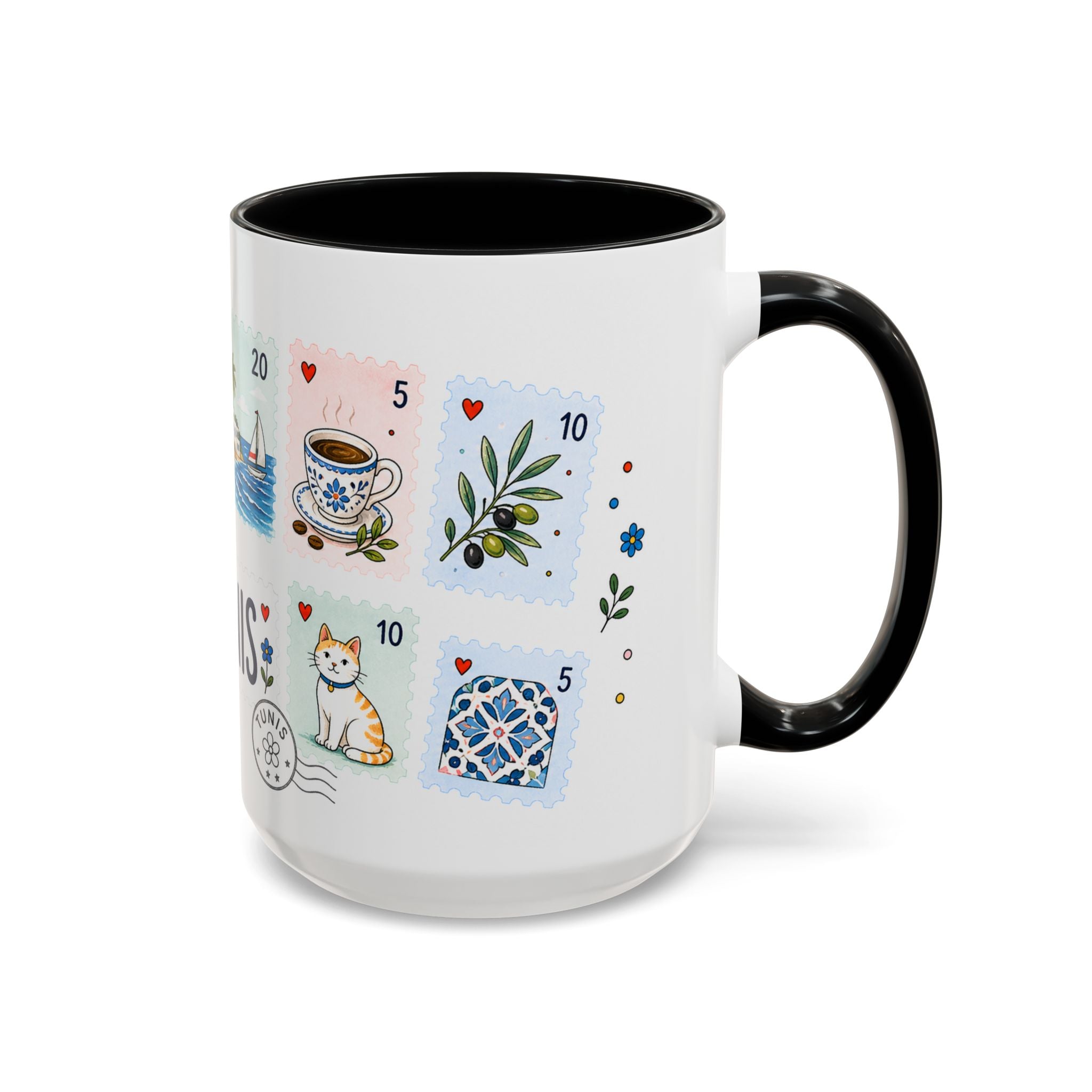 Tunis Coffee Mug | Postage Stamp Collage Mug | Travel Souvenir Accent Cup 11oz 15oz