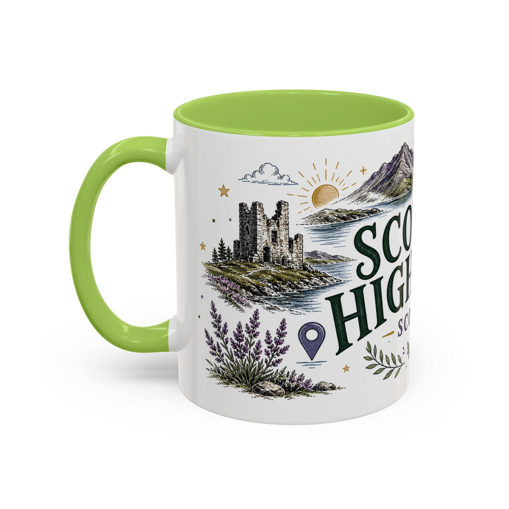 Scottish Highlands Coffee Mug | Travel Destination Souvenir Gift | Accent Color Ceramic 11oz 15oz