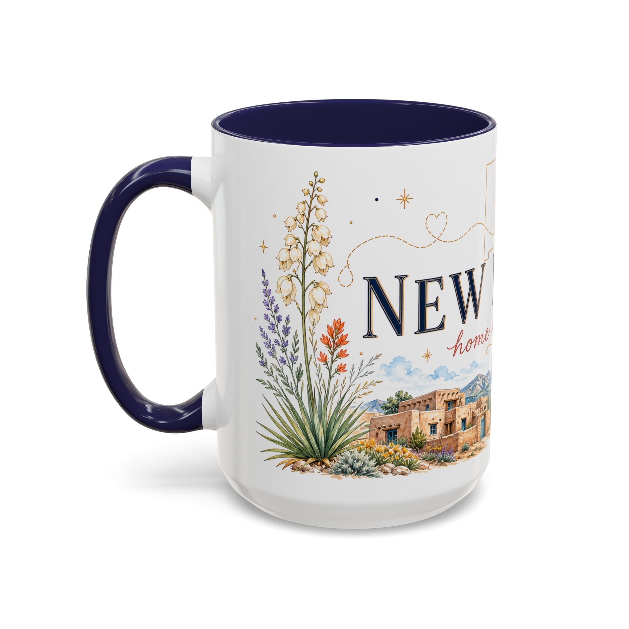 New Mexico State Map Mug | Desert Scenery, Yucca Flower Accent Coffee Cup