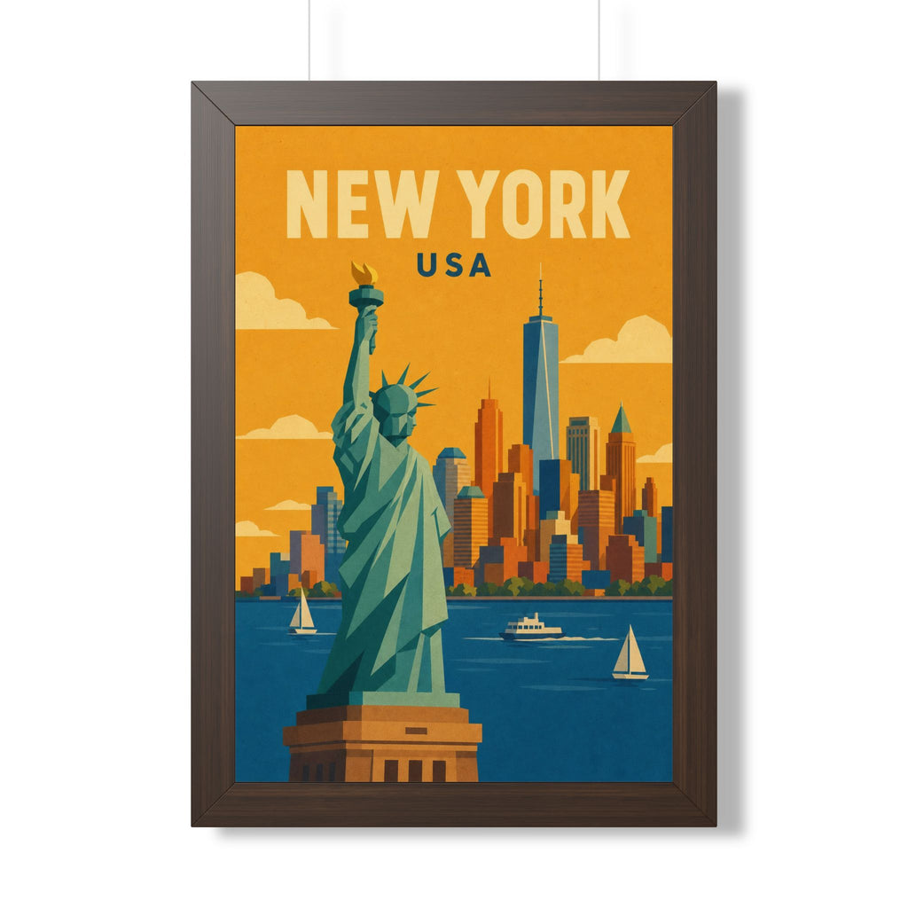New York Statue of Liberty United States Framed Poster | Vintage Travel Wall Art | Black Walnut White Frame | 16x24 20x30