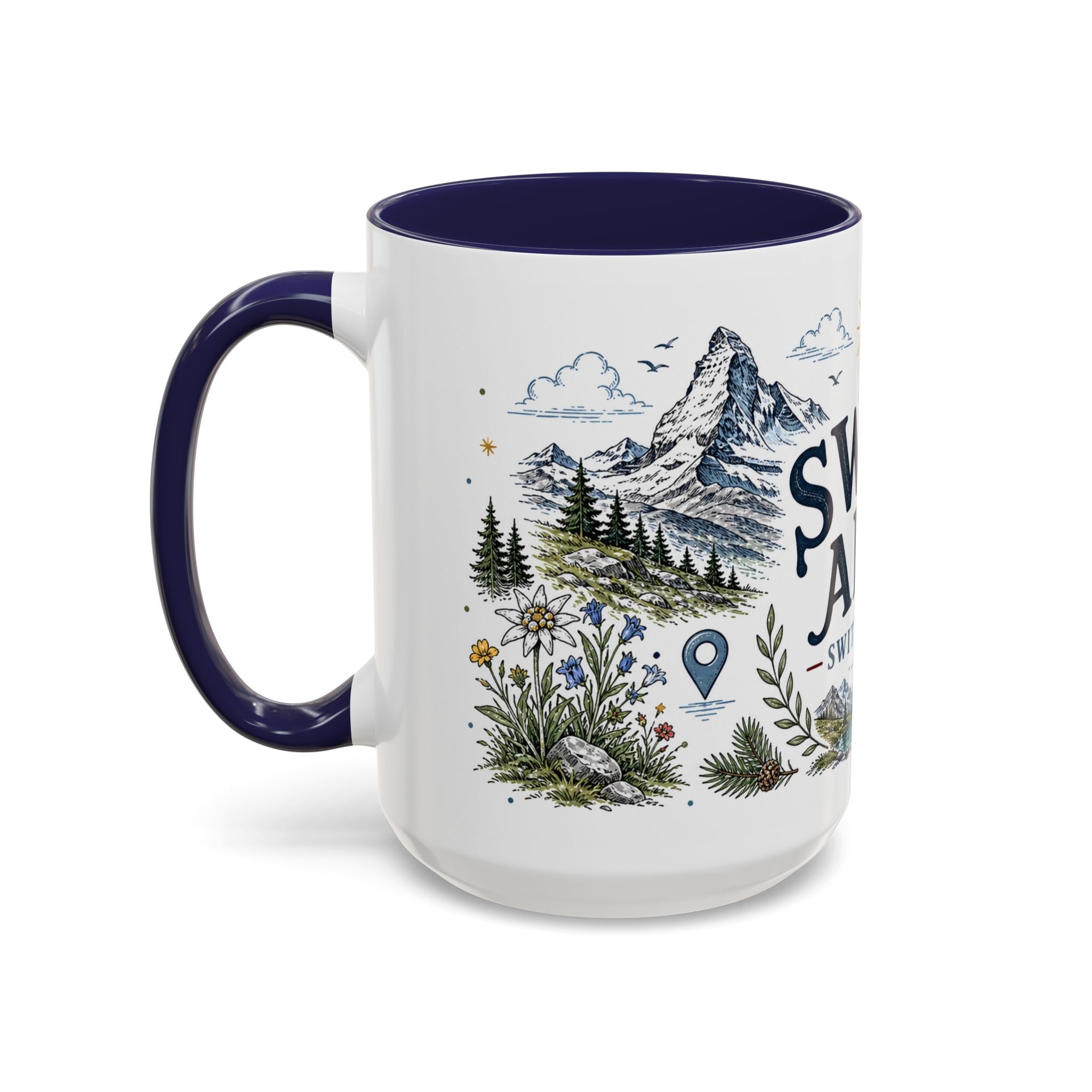 Swiss Alps Coffee Mug | Travel Destination Souvenir Gift | Accent Color Ceramic 11oz 15oz