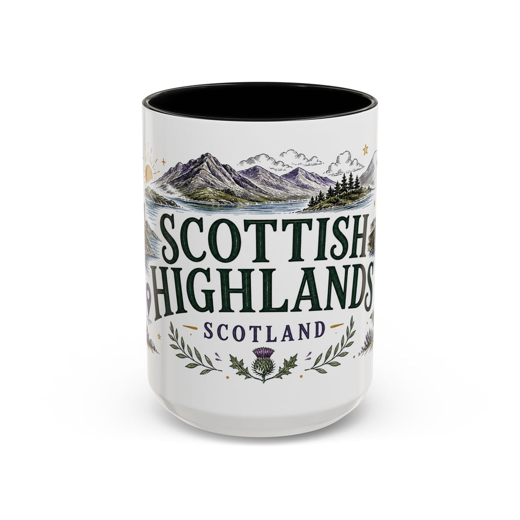 Scottish Highlands Coffee Mug | Travel Destination Souvenir Gift | Accent Color Ceramic 11oz 15oz