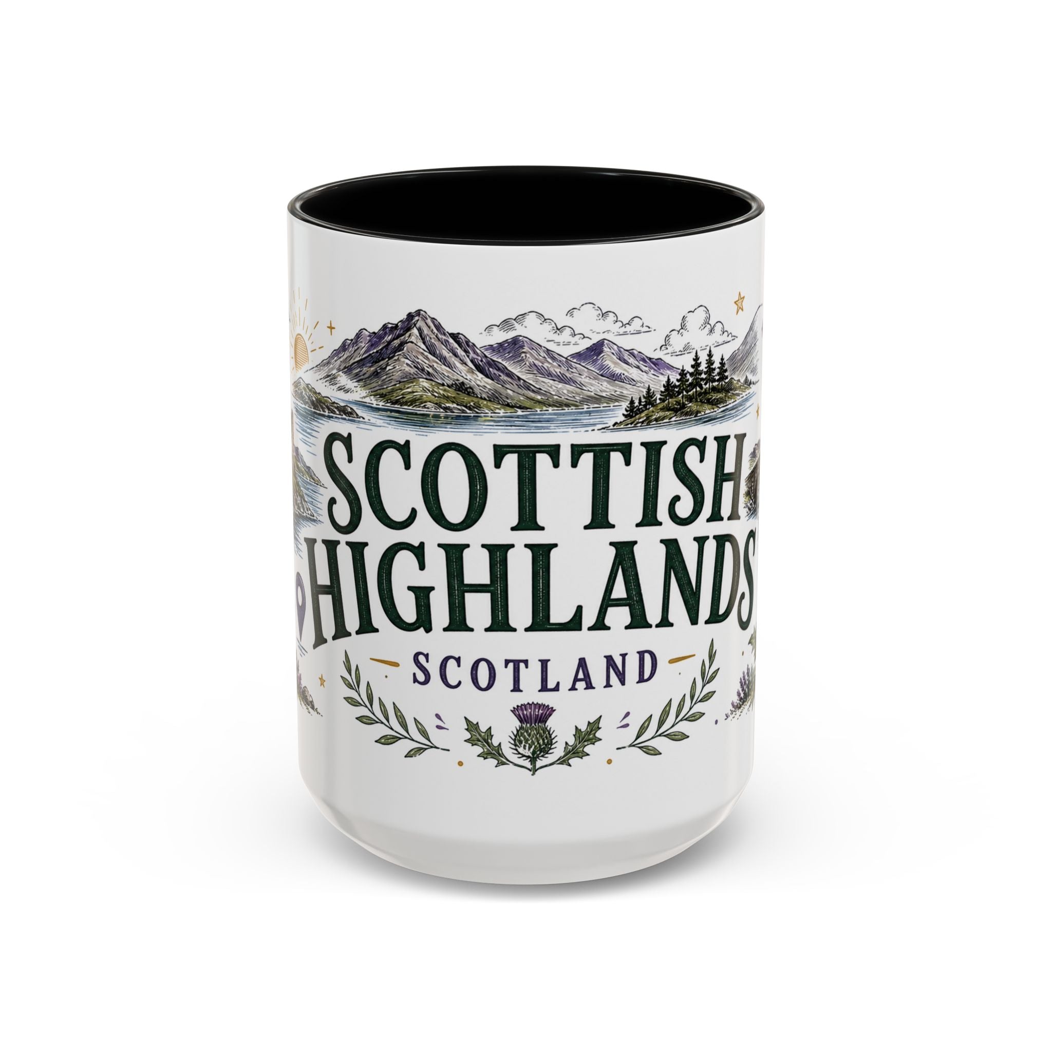 Scottish Highlands Coffee Mug | Travel Destination Souvenir Gift | Accent Color Ceramic 11oz 15oz