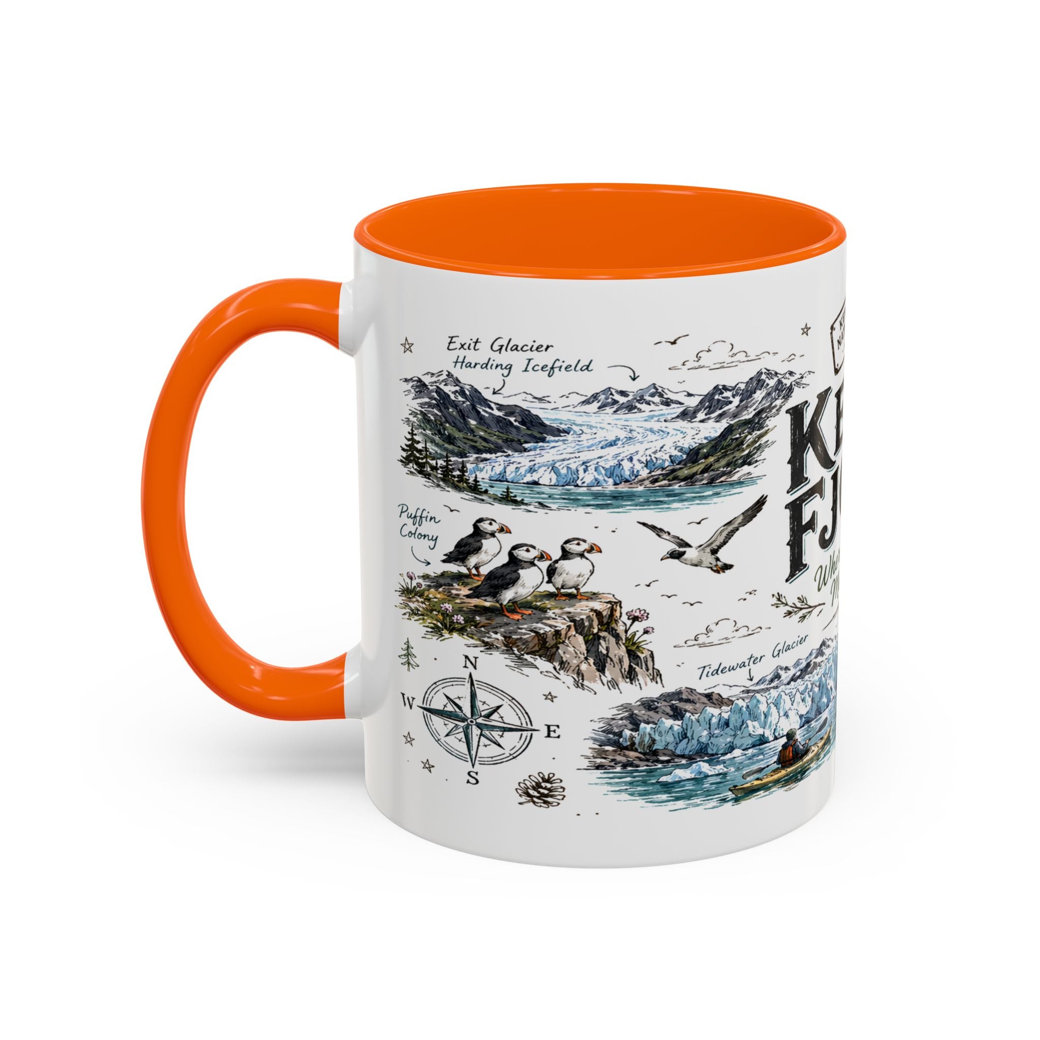 Kenai Fjords National Park Coffee Mug | Alaska Coastal Wildlife Hiking Gift | Accent Color Ceramic 11oz 15oz
