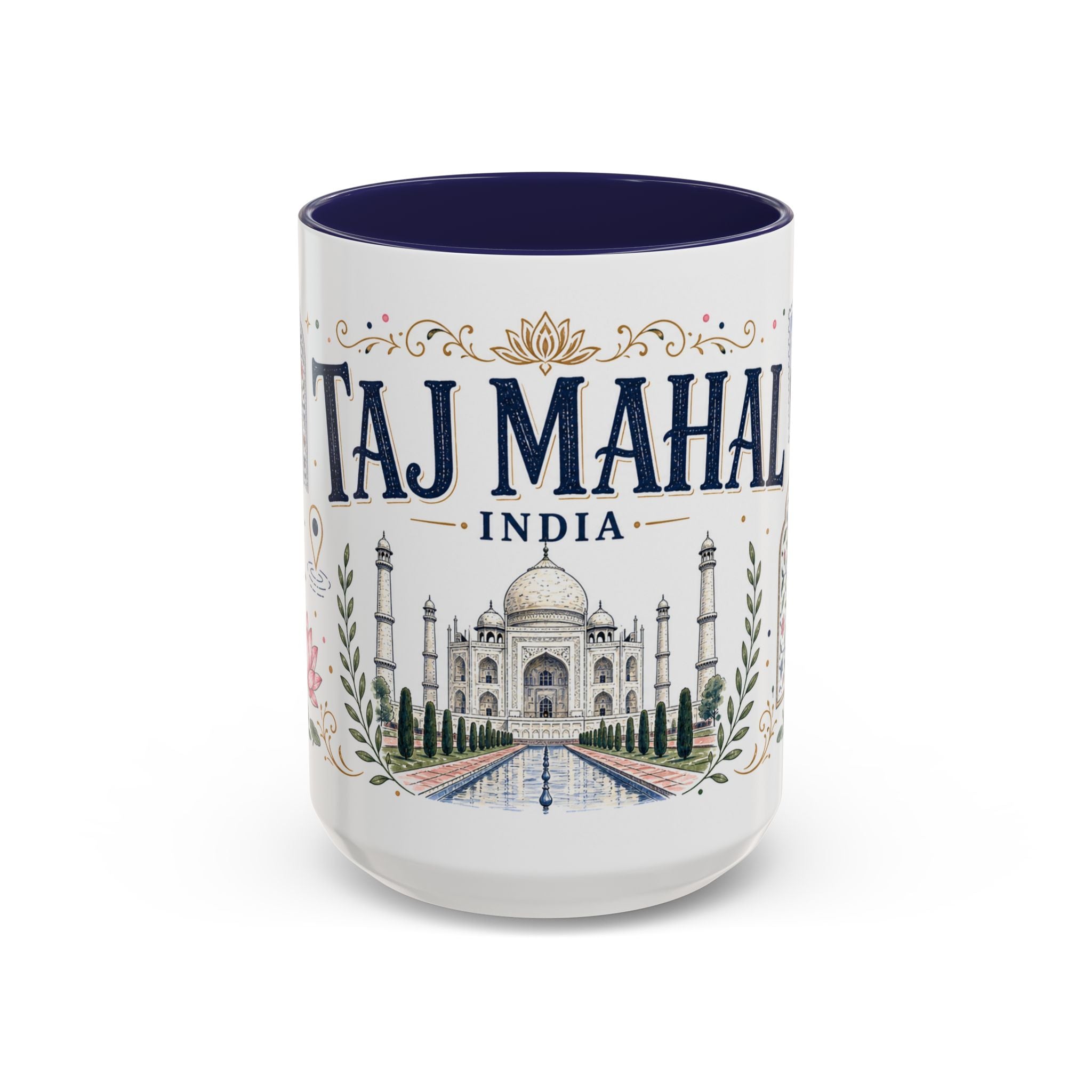 Taj Mahal Coffee Mug | Travel Destination Souvenir Gift | Accent Color Ceramic 11oz 15oz