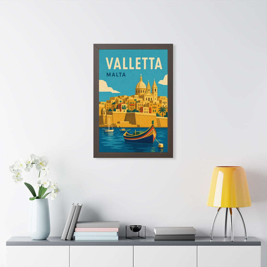 Valletta Malta Framed Poster | Vintage Travel Wall Art | Black Walnut White Frame | 16x24 20x30