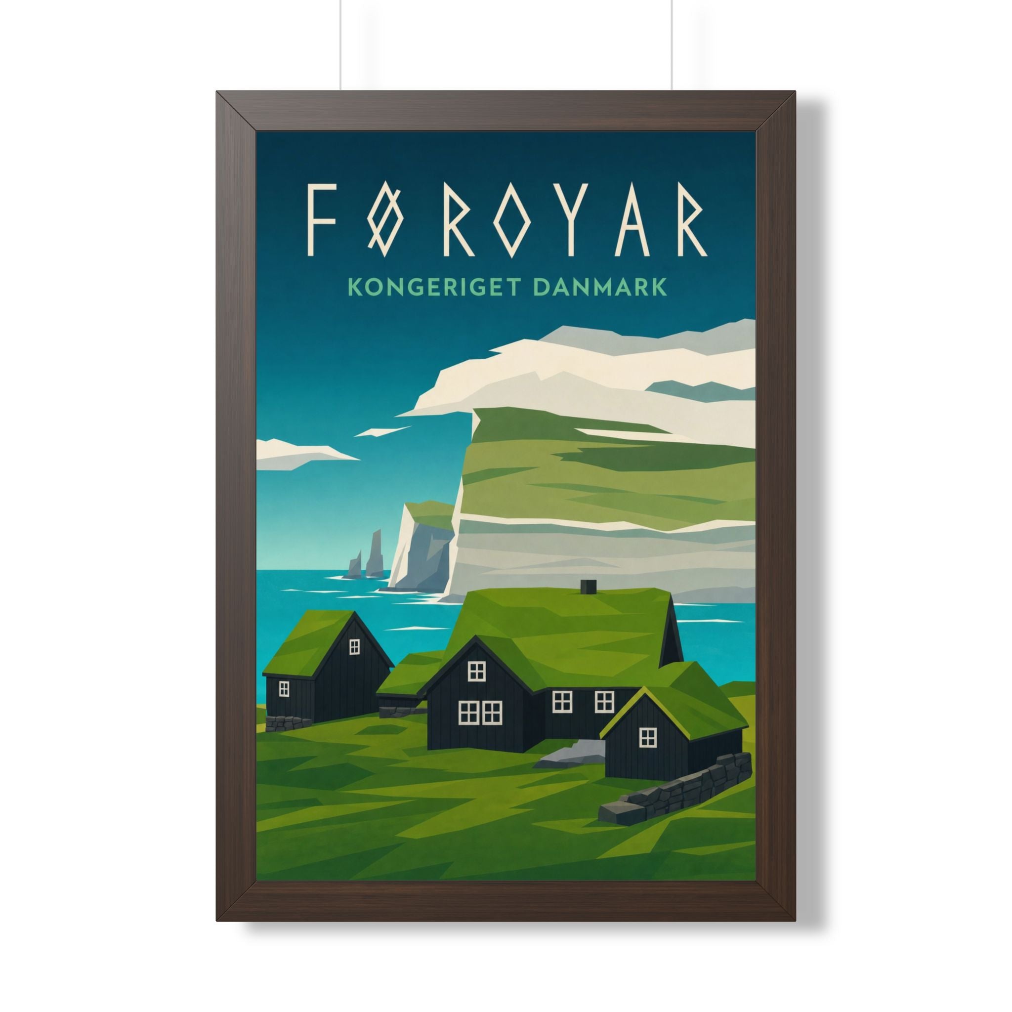 Faroe Islands Denmark Framed Poster | Vintage Travel Wall Art | Black Walnut White Frame | 16x24 20x30