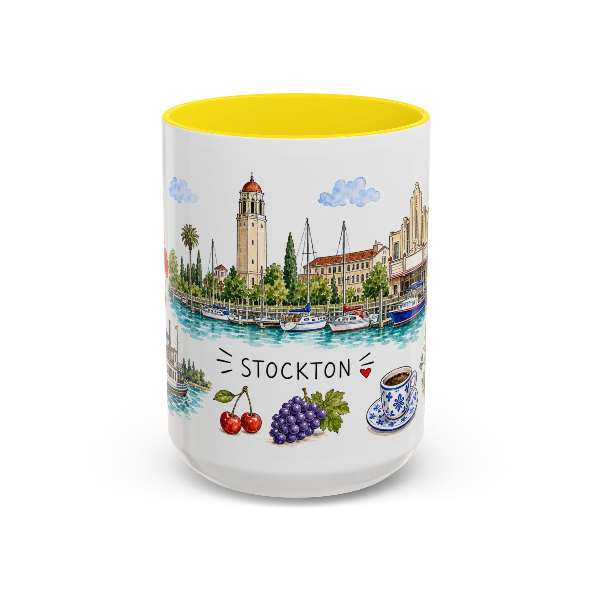 Stockton Illustrated Travel Mug | City Souvenir Accent Coffee Mug | 11oz 15oz Ceramic Cup