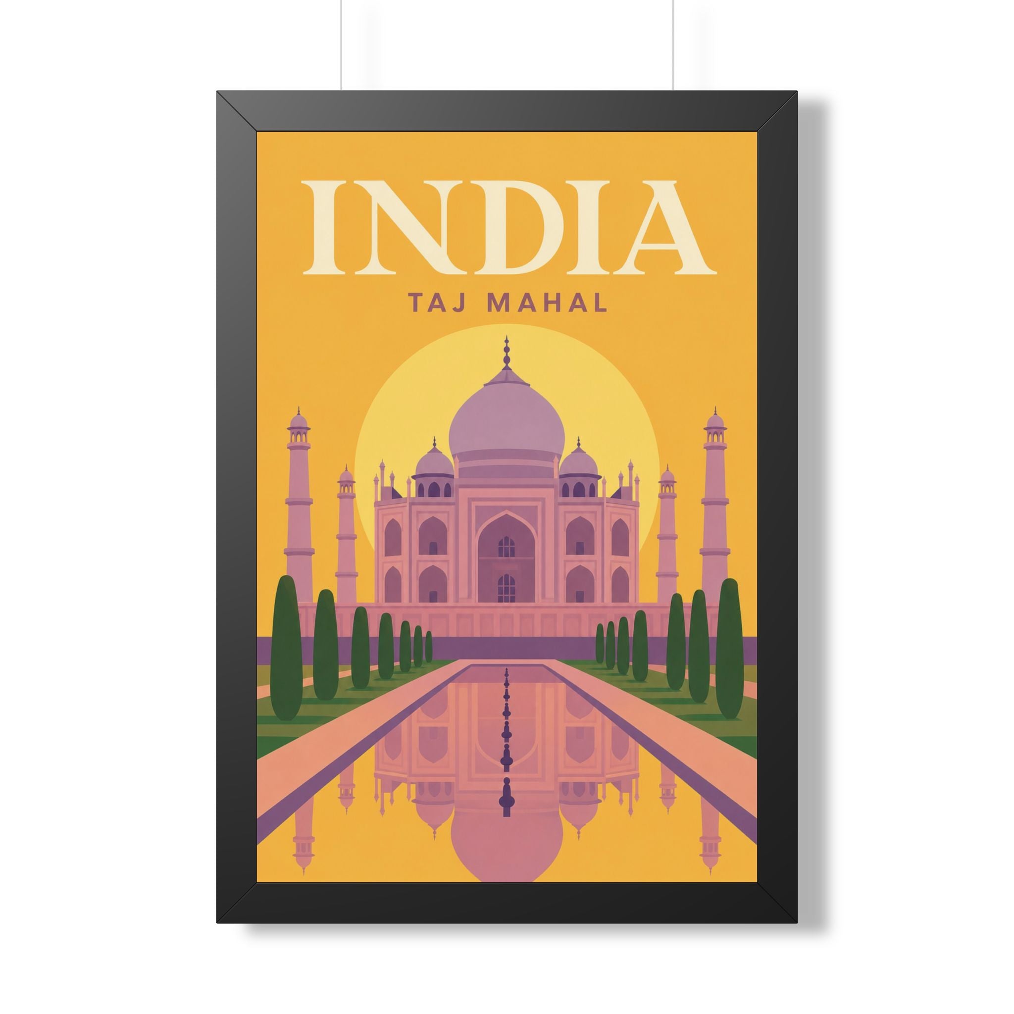 Taj Mahal India Framed Poster | Vintage Travel Wall Art | Black Walnut White Frame | 16x24 20x30