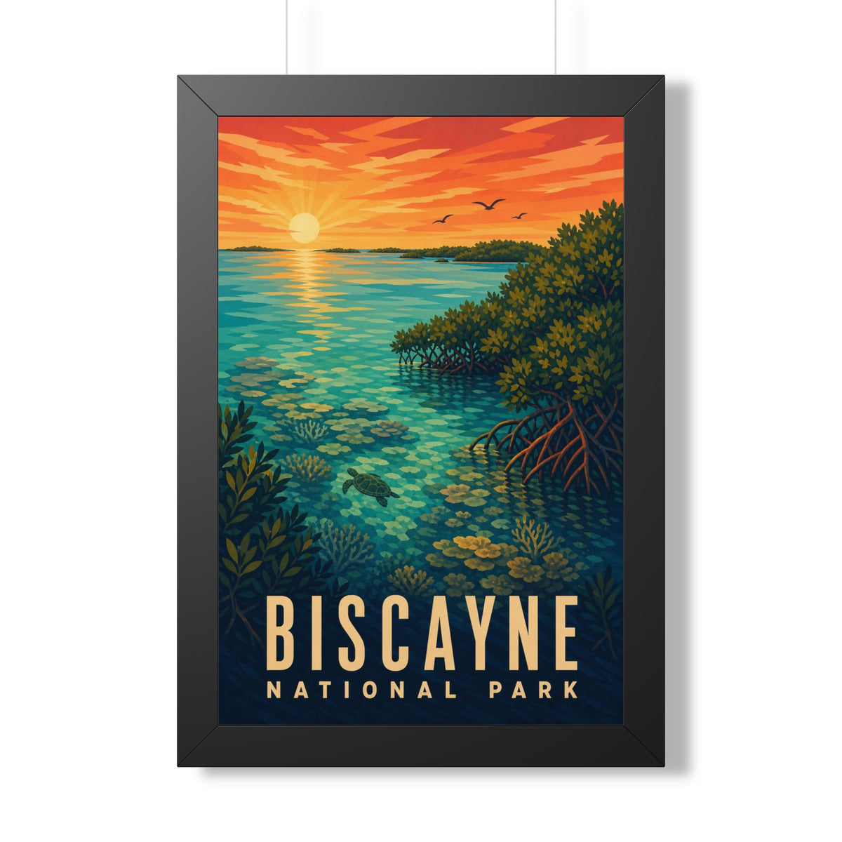 Biscayne National Park Framed Poster | Vintage Travel Wall Art | Black Walnut White Frame | 16x24 20x30