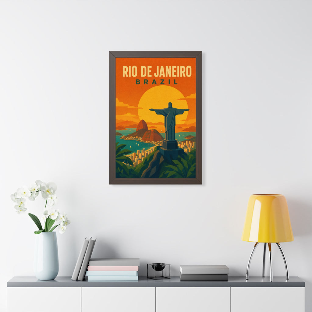 Rio de Janeiro Sunset Brazil Framed Poster | Vintage Travel Wall Art | Black Walnut White Frame | 16x24 20x30