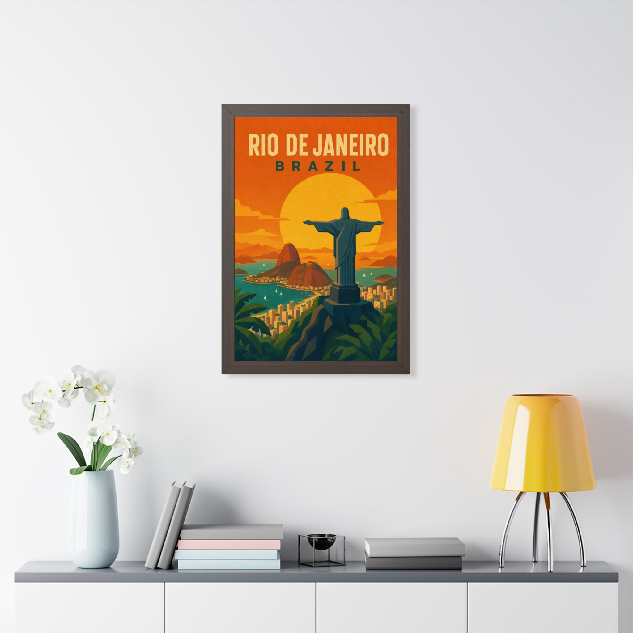 Rio de Janeiro Sunset Brazil Framed Poster | Vintage Travel Wall Art | Black Walnut White Frame | 16x24 20x30