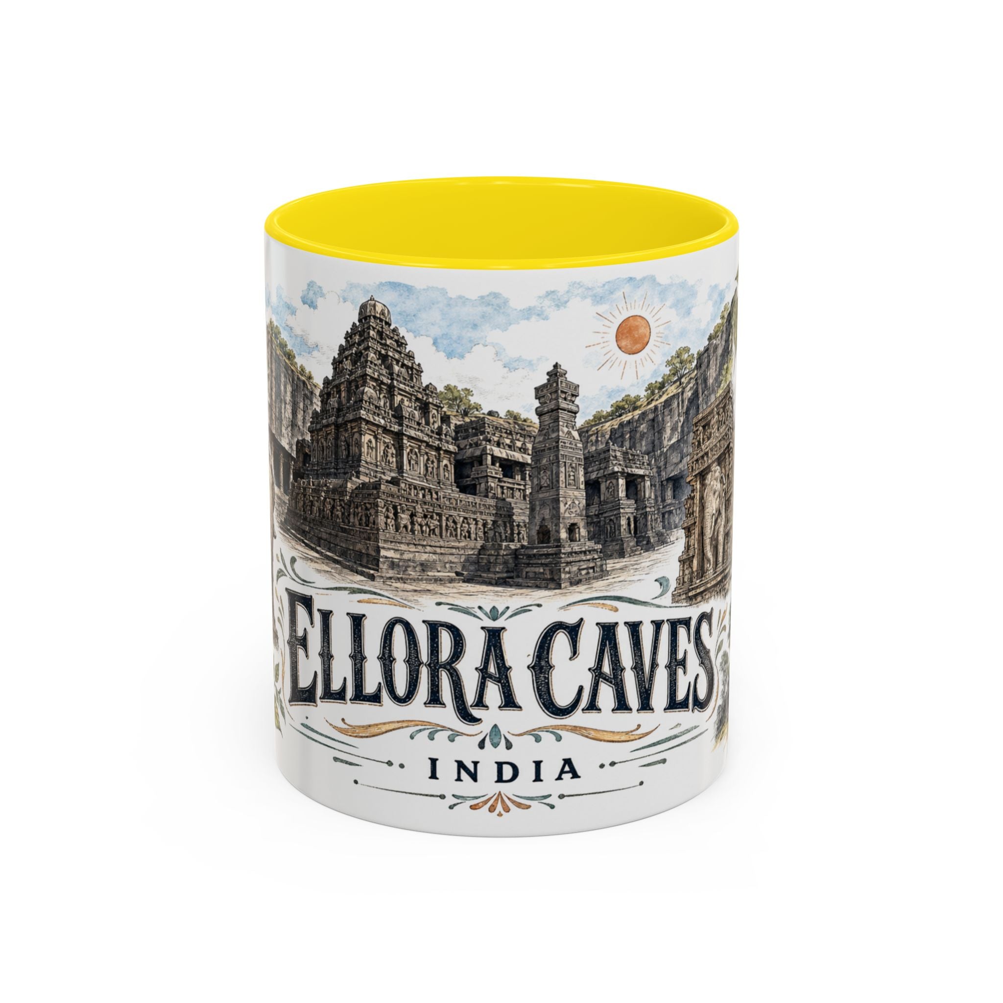 Ellora Caves Mug, India Travel Souvenir, Bucket List Gift, Accent Ceramic Coffee Mug 11oz 15oz