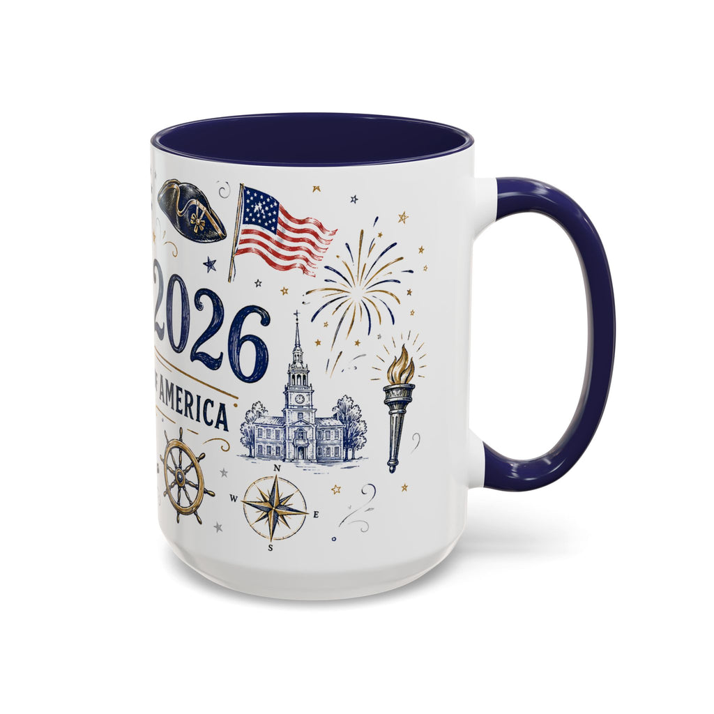 America 250 Coffee Mug | 1776-2026 Patriotic 4th of July Gift | Accent Color Ceramic 11oz 15oz