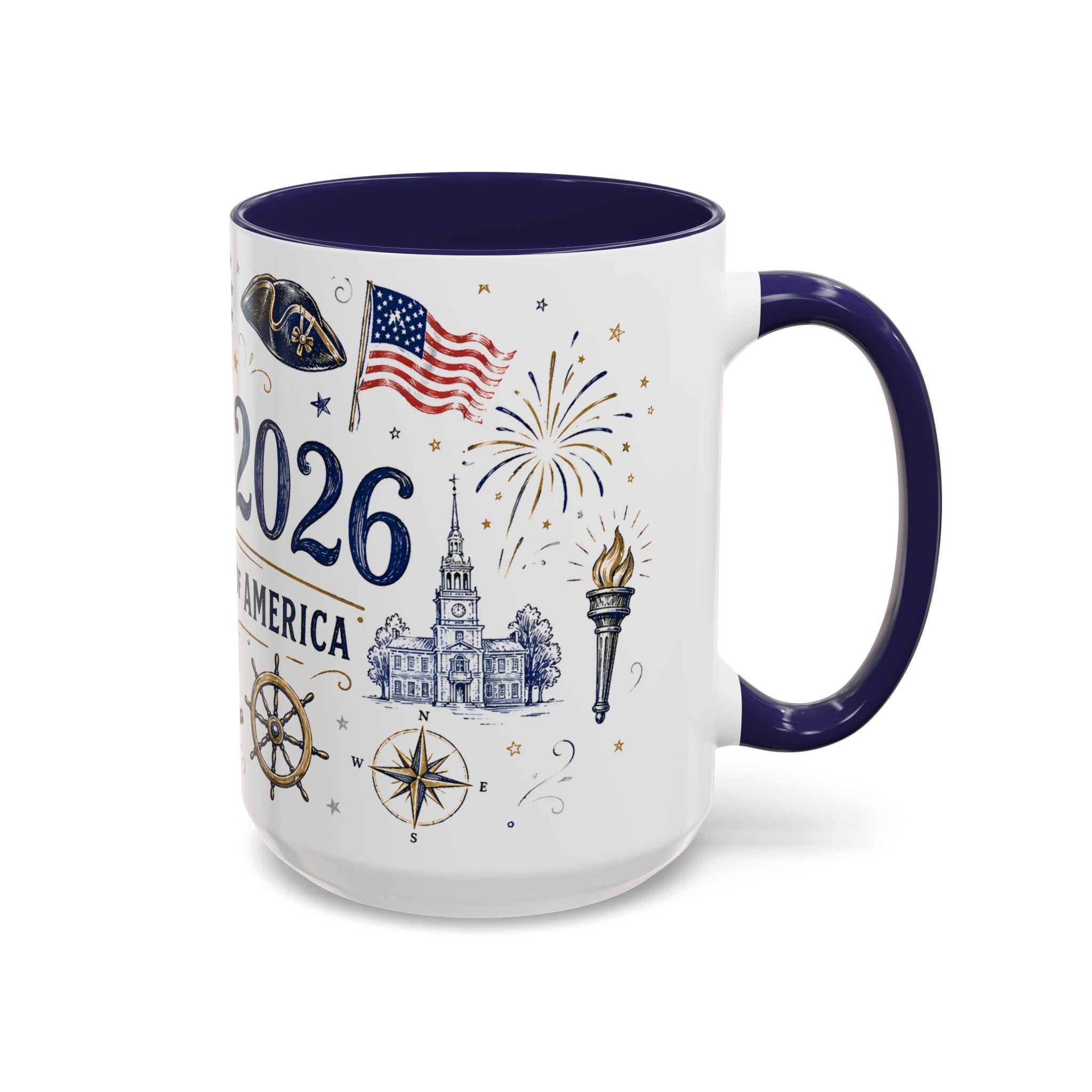 America 250 Coffee Mug | 1776-2026 Patriotic 4th of July Gift | Accent Color Ceramic 11oz 15oz