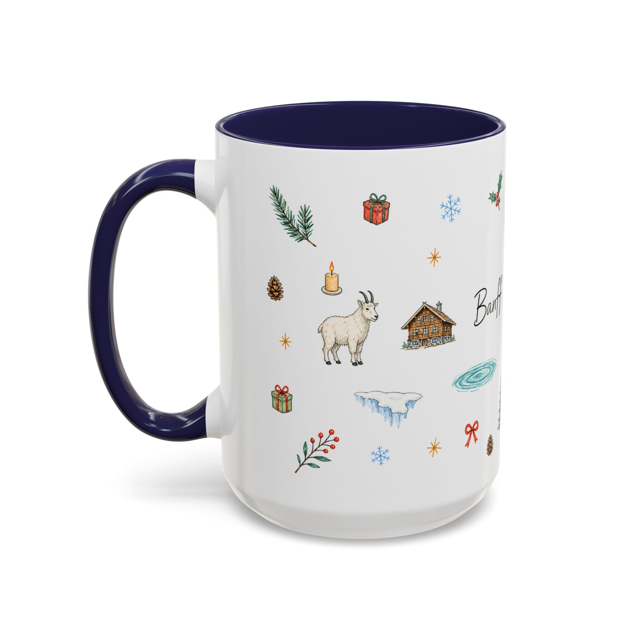 Banff Lake Louise Christmas Mug | Watercolor Travel Souvenir | Holiday Gift | Accent Ceramic Coffee Cup 11oz 15oz