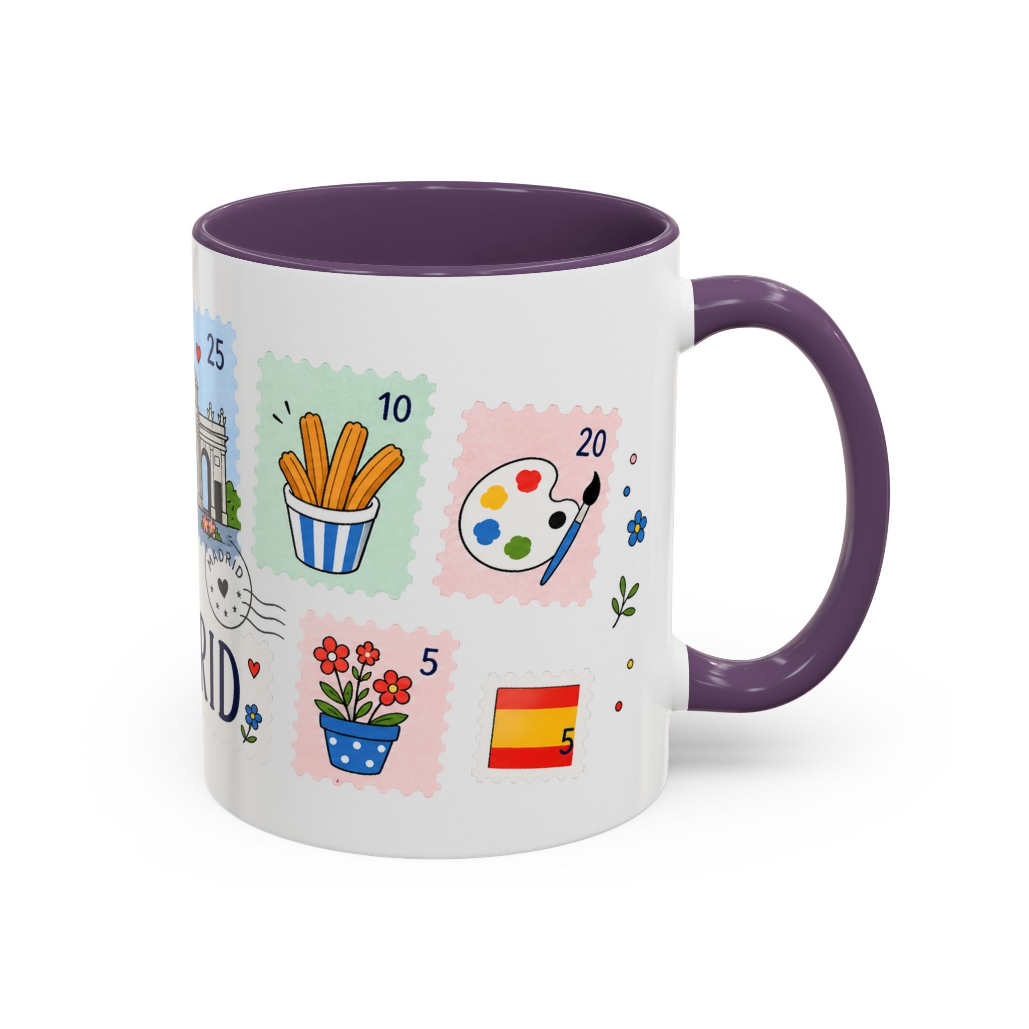 Madrid Coffee Mug | Postage Stamp Collage Mug | Travel Souvenir Accent Cup 11oz 15oz