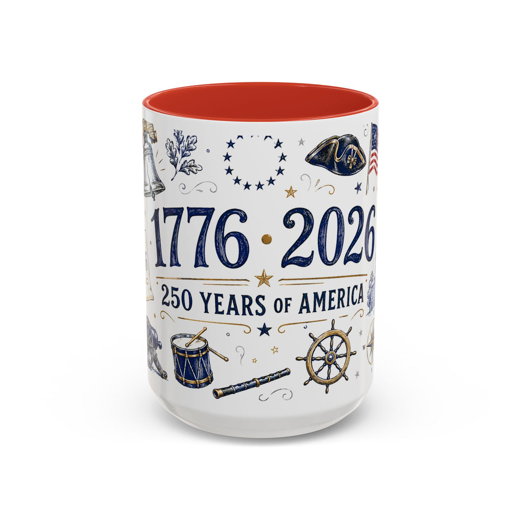America 250 Coffee Mug | 1776-2026 Patriotic 4th of July Gift | Accent Color Ceramic 11oz 15oz