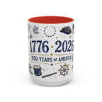 America 250 Coffee Mug | 1776-2026 Patriotic 4th of July Gift | Accent Color Ceramic 11oz 15oz