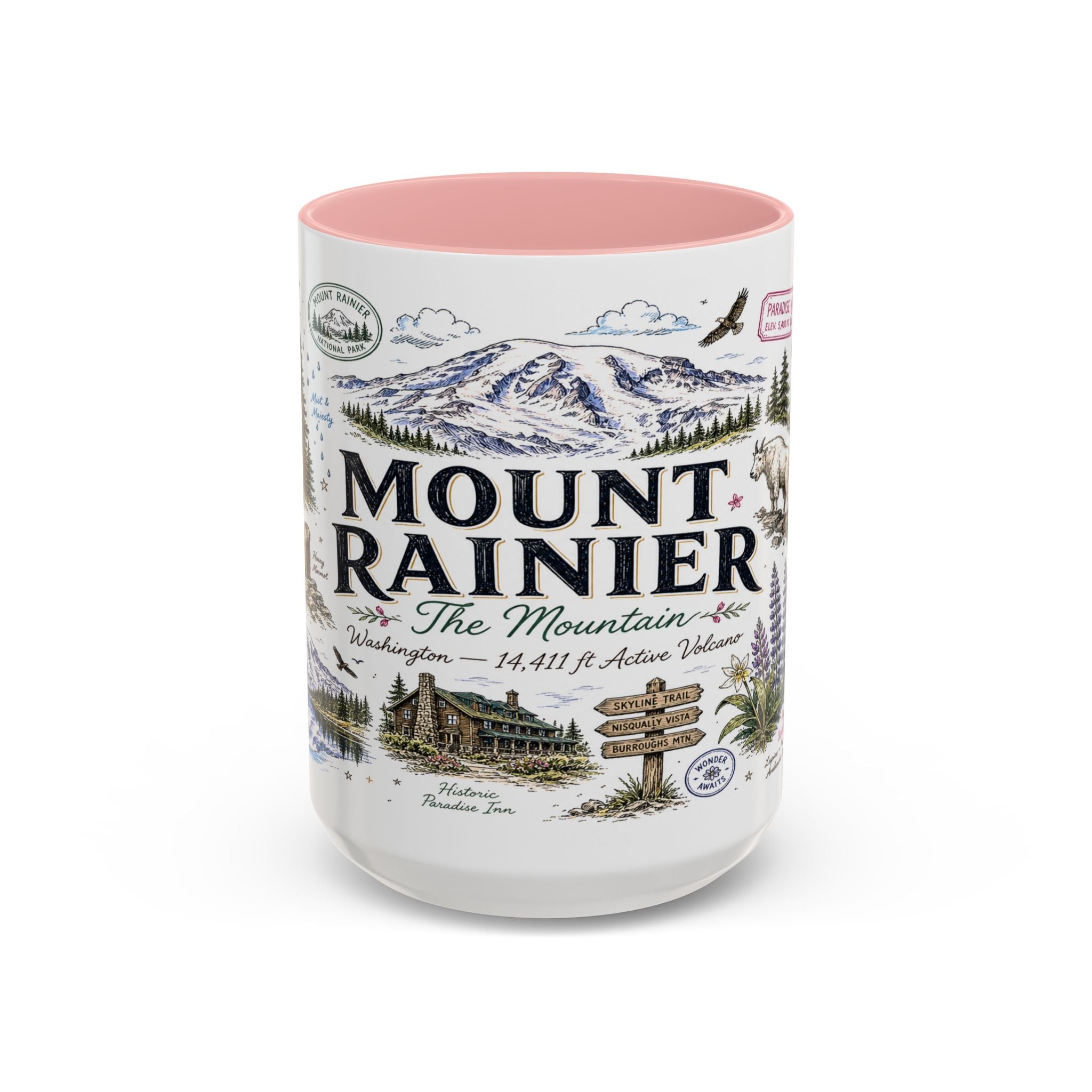 Mount Rainier Coffee Mug | National Park Hiking Washington Gift | Accent Color Ceramic 11oz 15oz