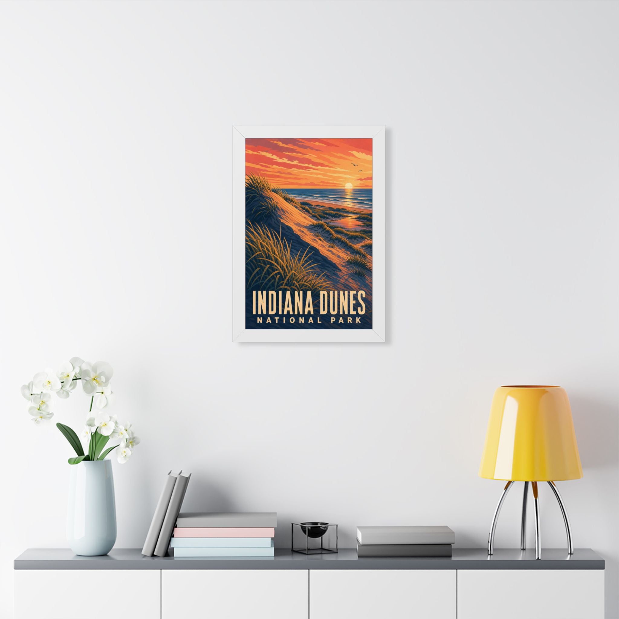Indiana Dunes National Park Framed Poster | Vintage Travel Wall Art | Black Walnut White Frame | 16x24 20x30