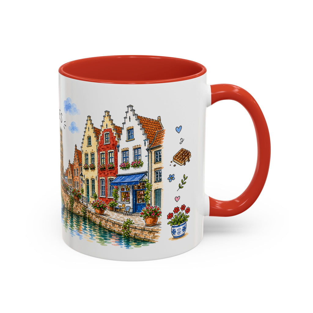 Bruges Illustrated Travel Mug | Belgium Souvenir Accent Coffee Mug | 11oz 15oz Ceramic Cup