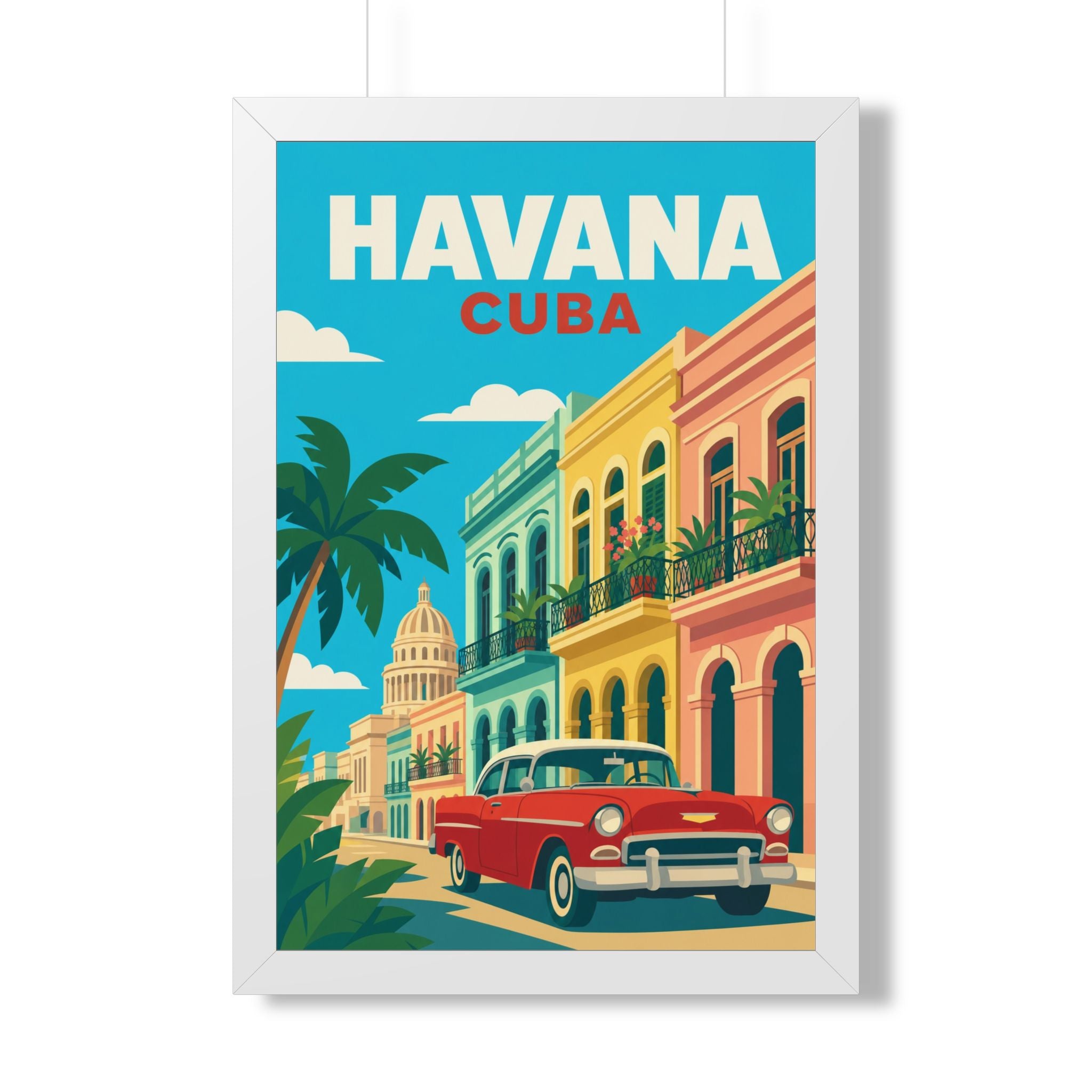 Havana Cuba Framed Poster | Vintage Travel Wall Art | Black Walnut White Frame | 16x24 20x30