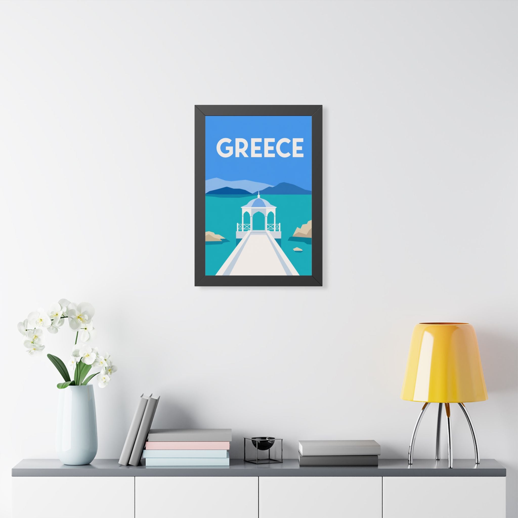 Greece Coast Greece Framed Poster | Vintage Travel Wall Art | Black Walnut White Frame | 16x24 20x30