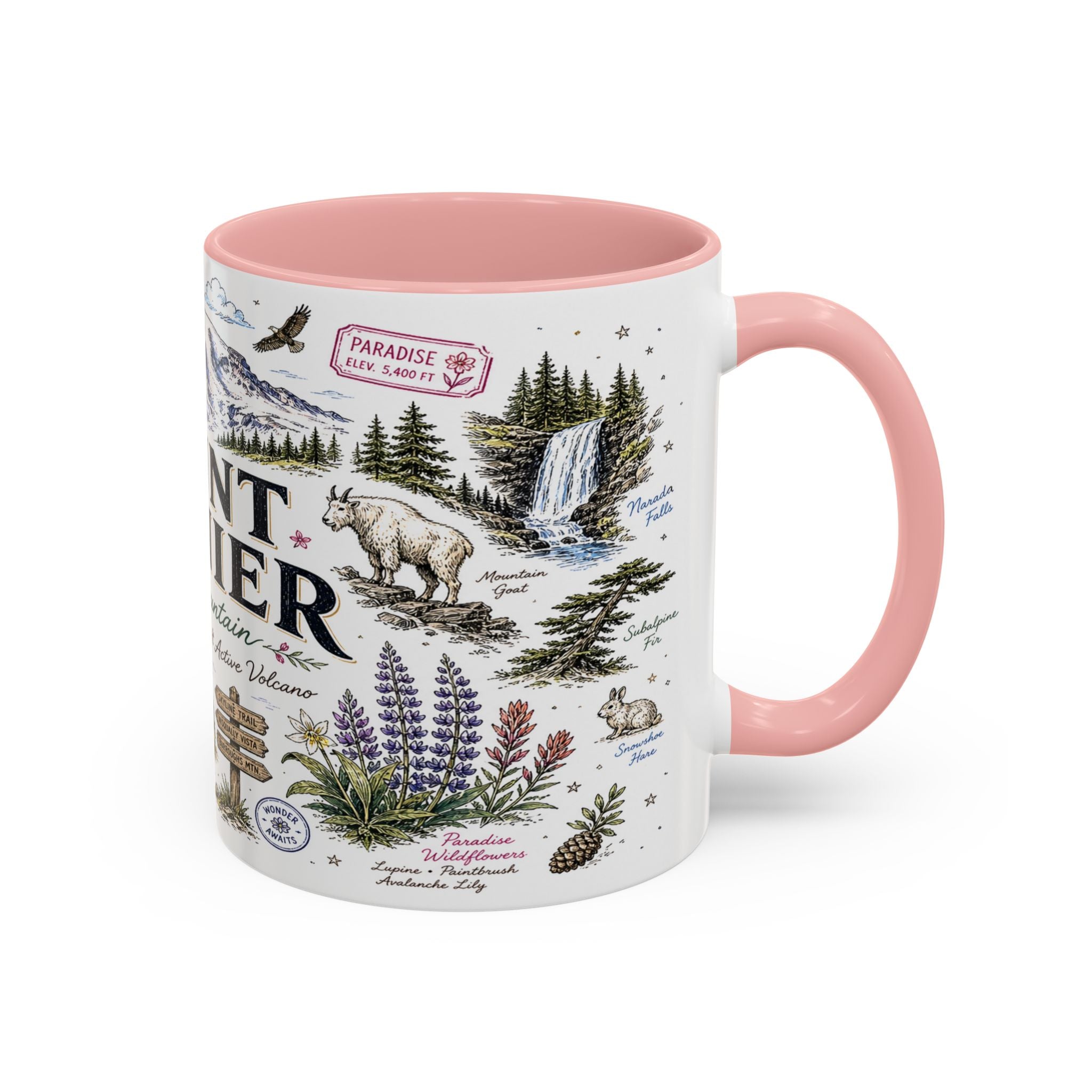 Mount Rainier Coffee Mug | National Park Hiking Washington Gift | Accent Color Ceramic 11oz 15oz