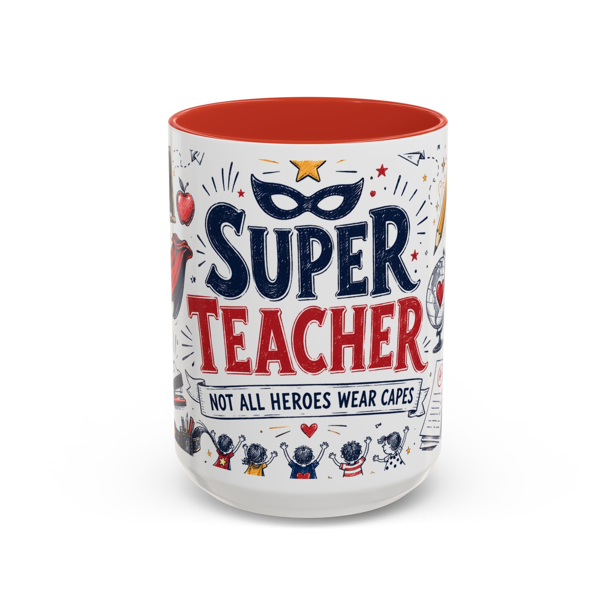 Super Teacher Coffee Mug | All Heroes Wear Capes Teacher Gift | Accent Color Ceramic 11oz 15oz
