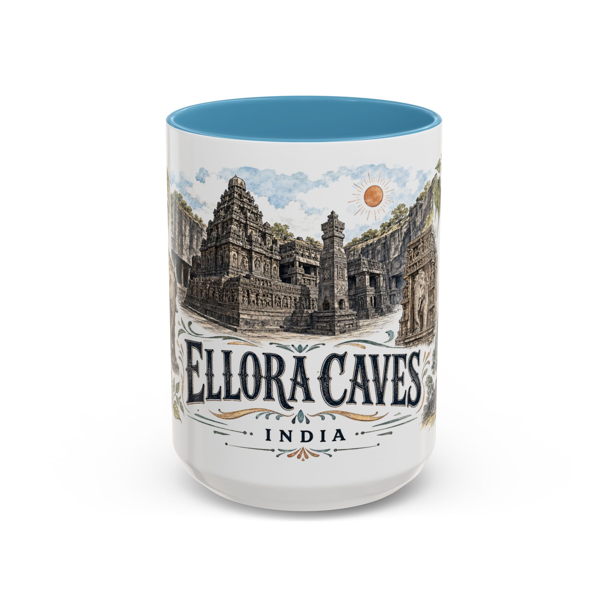 Ellora Caves Mug, India Travel Souvenir, Bucket List Gift, Accent Ceramic Coffee Mug 11oz 15oz