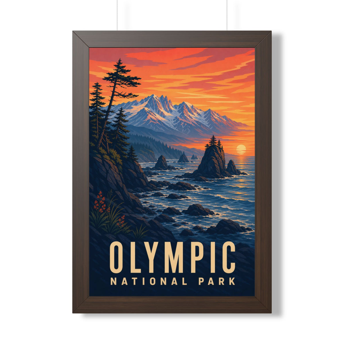 Olympic National Park Framed Poster | Vintage Travel Wall Art | Black Walnut White Frame | 16x24 20x30