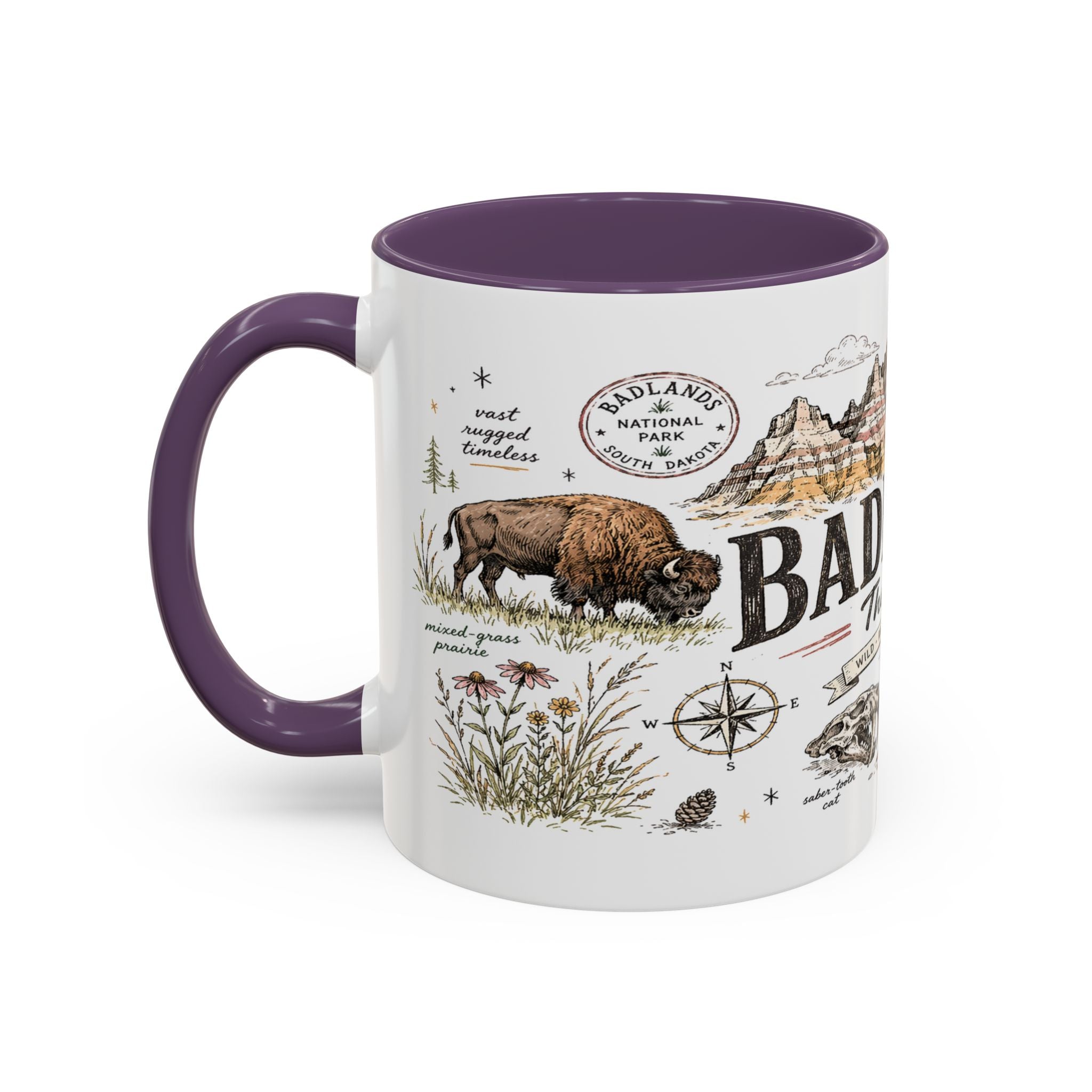 Badlands National Park Coffee Mug | South Dakota Prairie Fossil Hiking Gift | Accent Color Ceramic 11oz 15oz