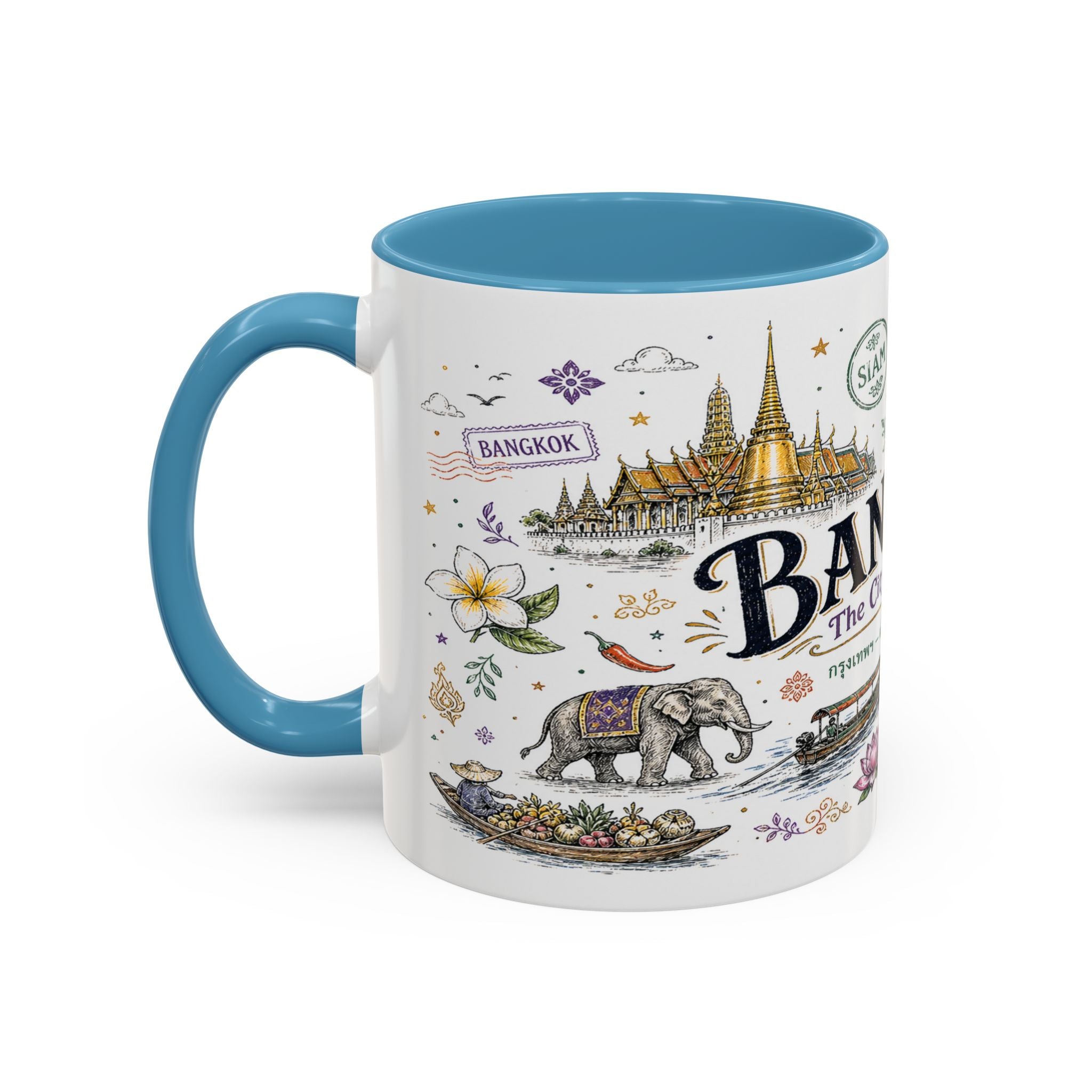 Bangkok Coffee Mug | Thailand Souvenir Travel Gift | Accent Color Ceramic 11oz 15oz
