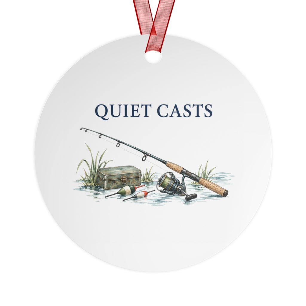 Back view of a round aluminum ornament with fishing artwork.