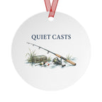 Back view of a round aluminum ornament with fishing artwork.