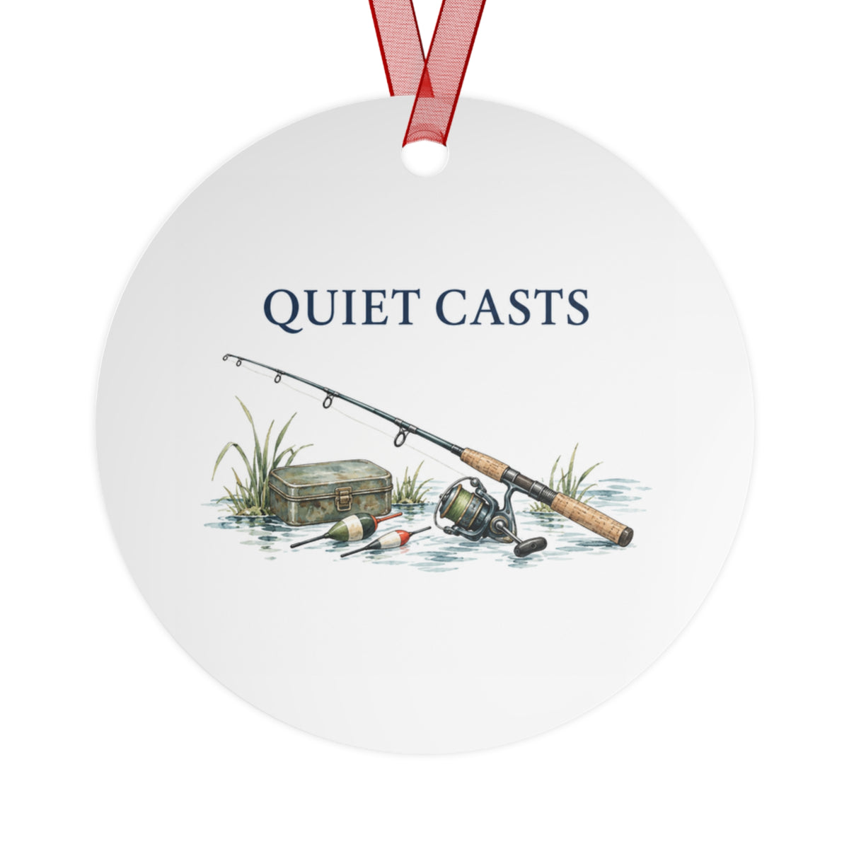 Back view of a round aluminum ornament with fishing artwork.