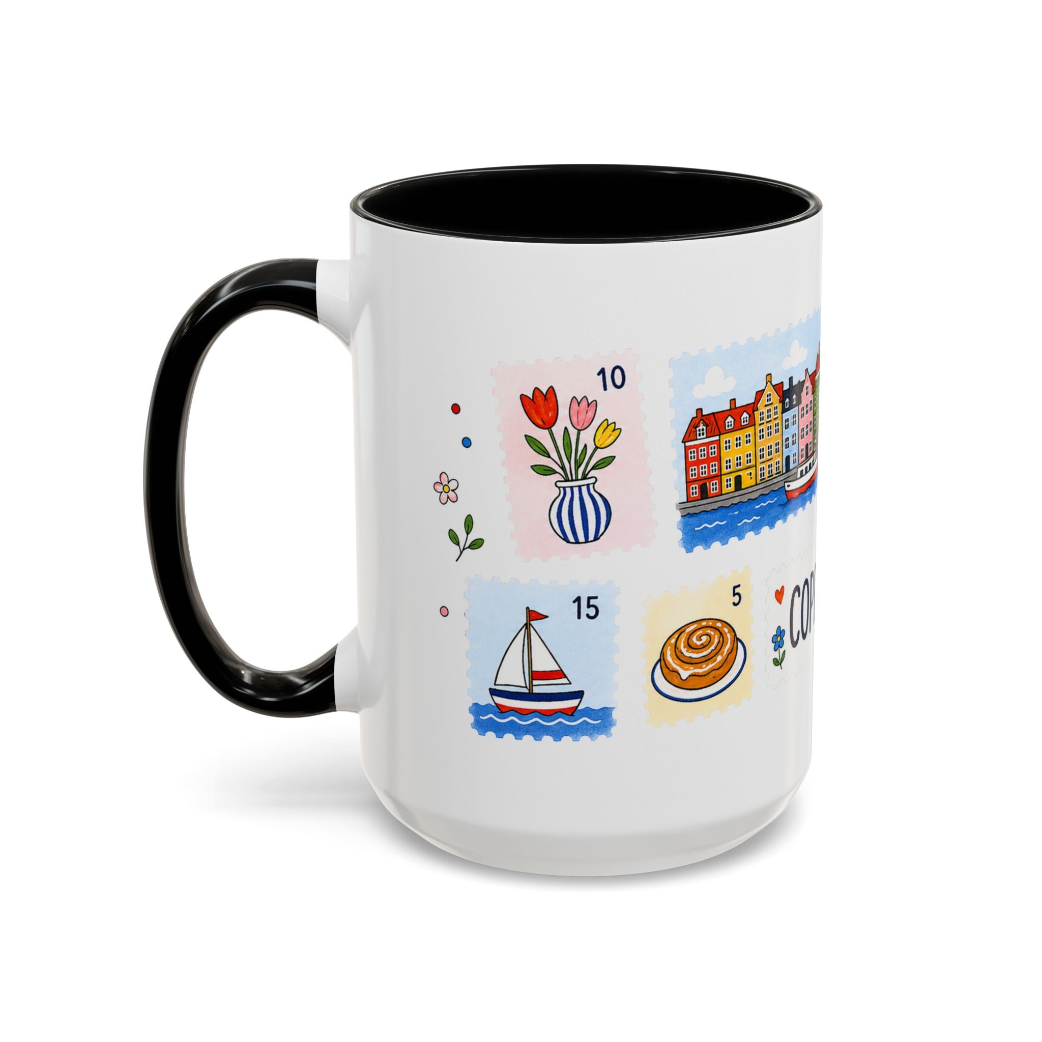 Copenhagen Coffee Mug | Postage Stamp Collage Mug | Travel Souvenir Accent Cup 11oz 15oz