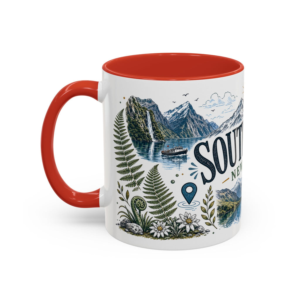 New Zealand South Island Coffee Mug | Travel Destination Souvenir Gift | Accent Color Ceramic 11oz 15oz