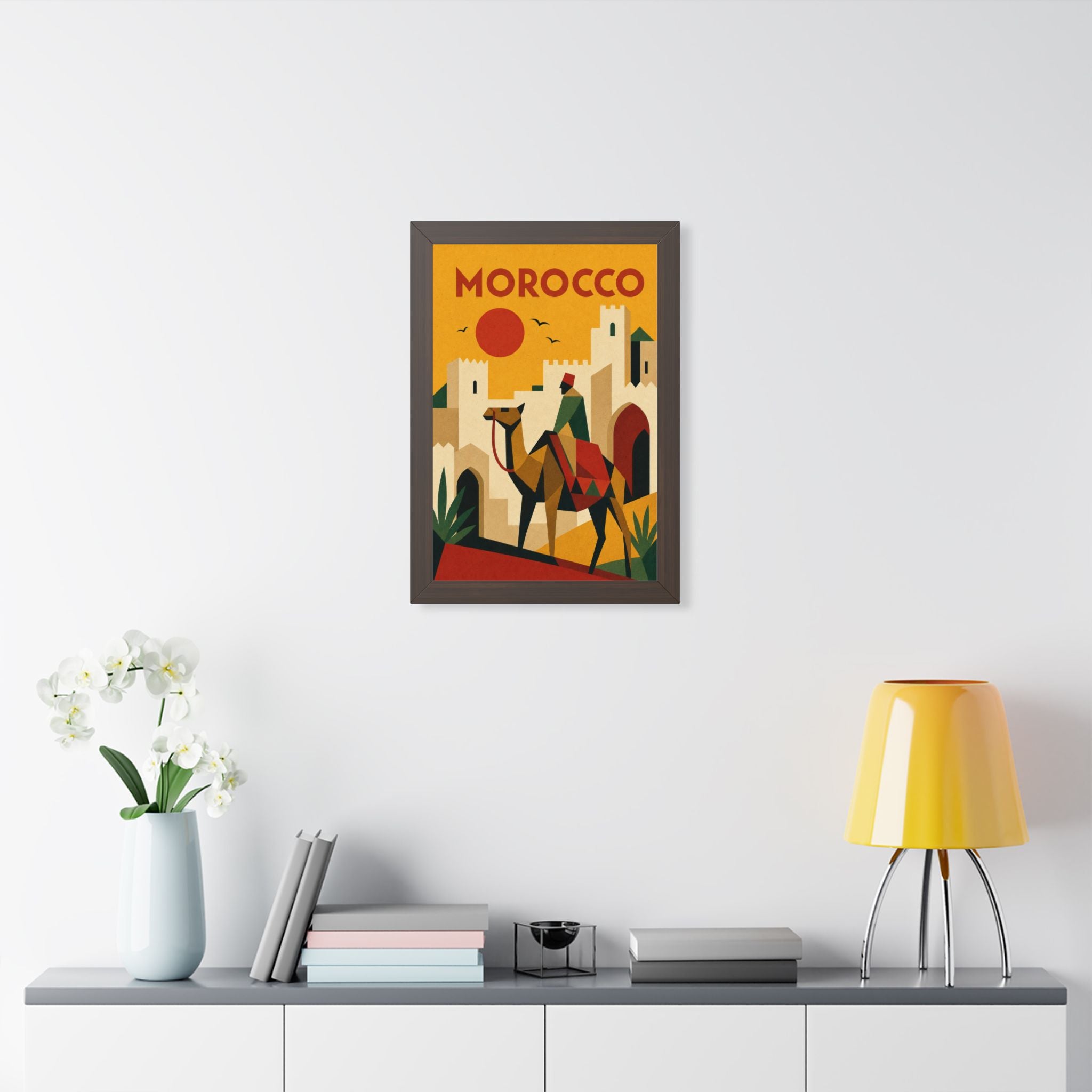Morocco Camel Morocco Framed Poster | Vintage Travel Wall Art | Black Walnut White Frame | 16x24 20x30