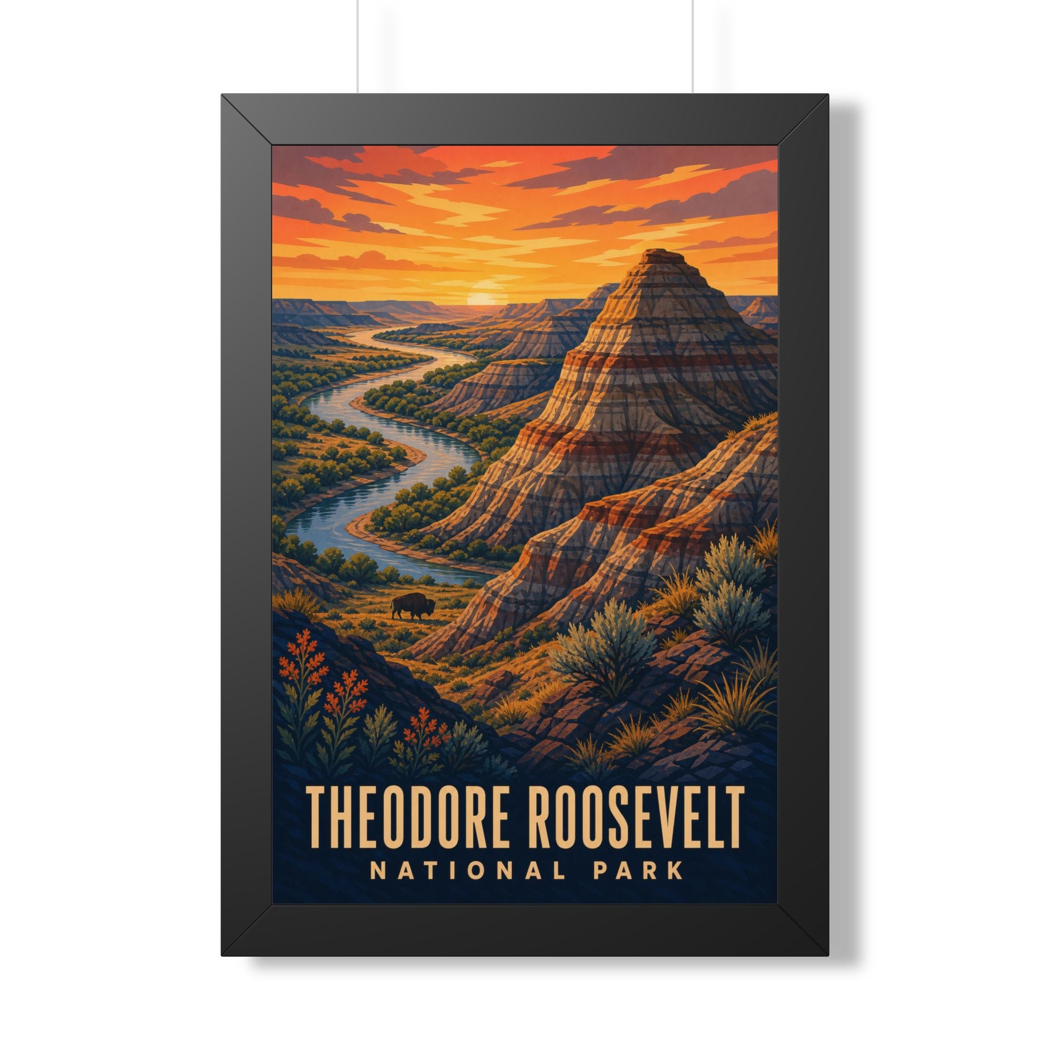 Theodore Roosevelt National Park Framed Poster | Vintage Travel Wall Art | Black Walnut White Frame | 16x24 20x30