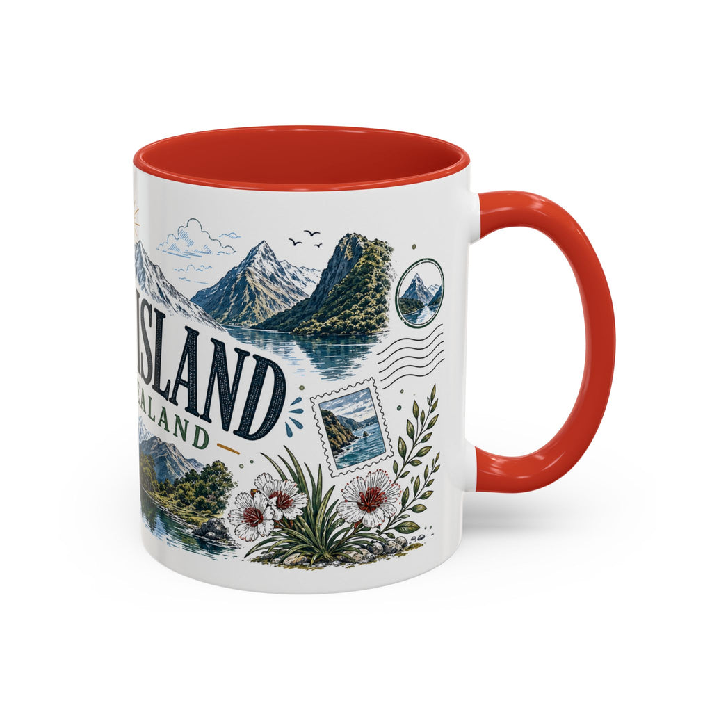 New Zealand South Island Coffee Mug | Travel Destination Souvenir Gift | Accent Color Ceramic 11oz 15oz
