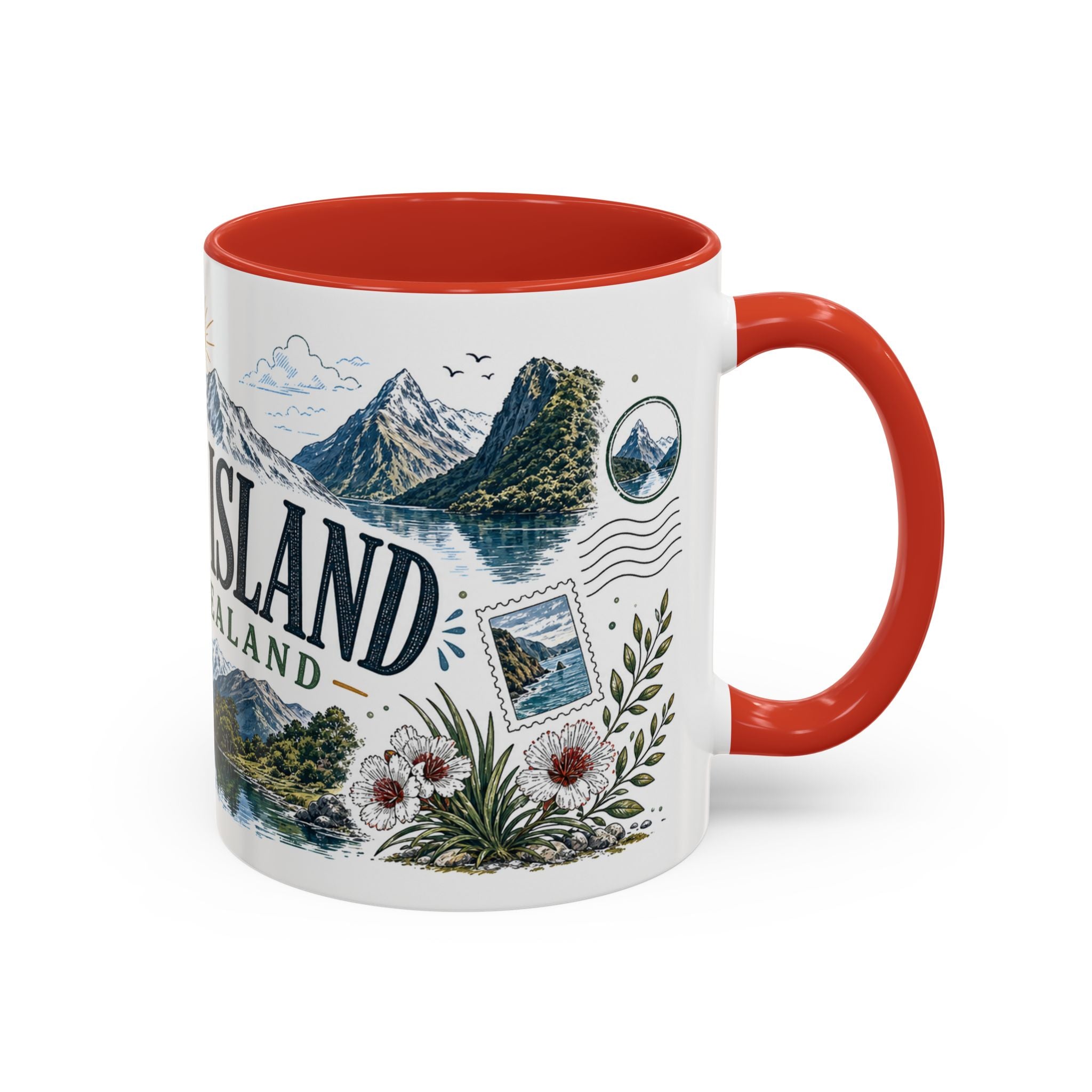 New Zealand South Island Coffee Mug | Travel Destination Souvenir Gift | Accent Color Ceramic 11oz 15oz