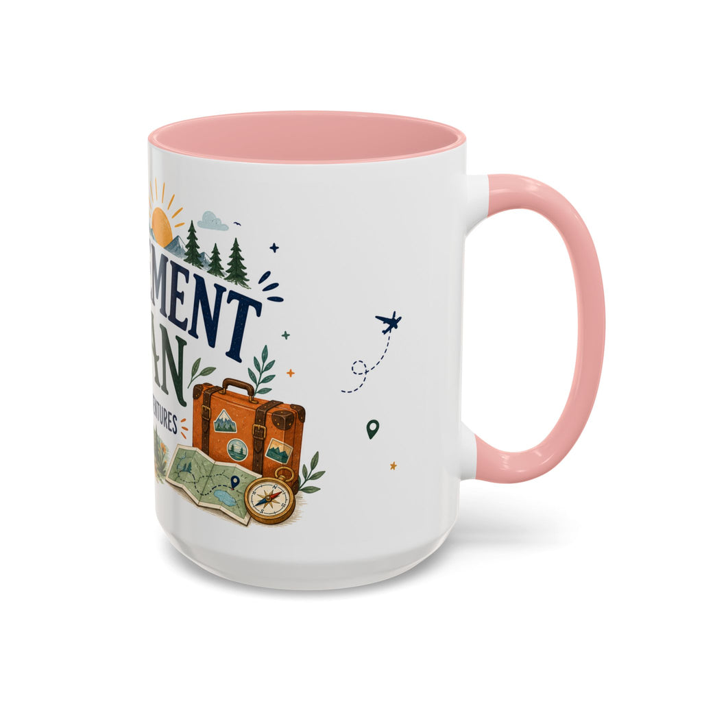 Retirement Plan Coffee And Adventures Mug | Travel Retirement Gift | Accent Color Ceramic 11oz 15oz