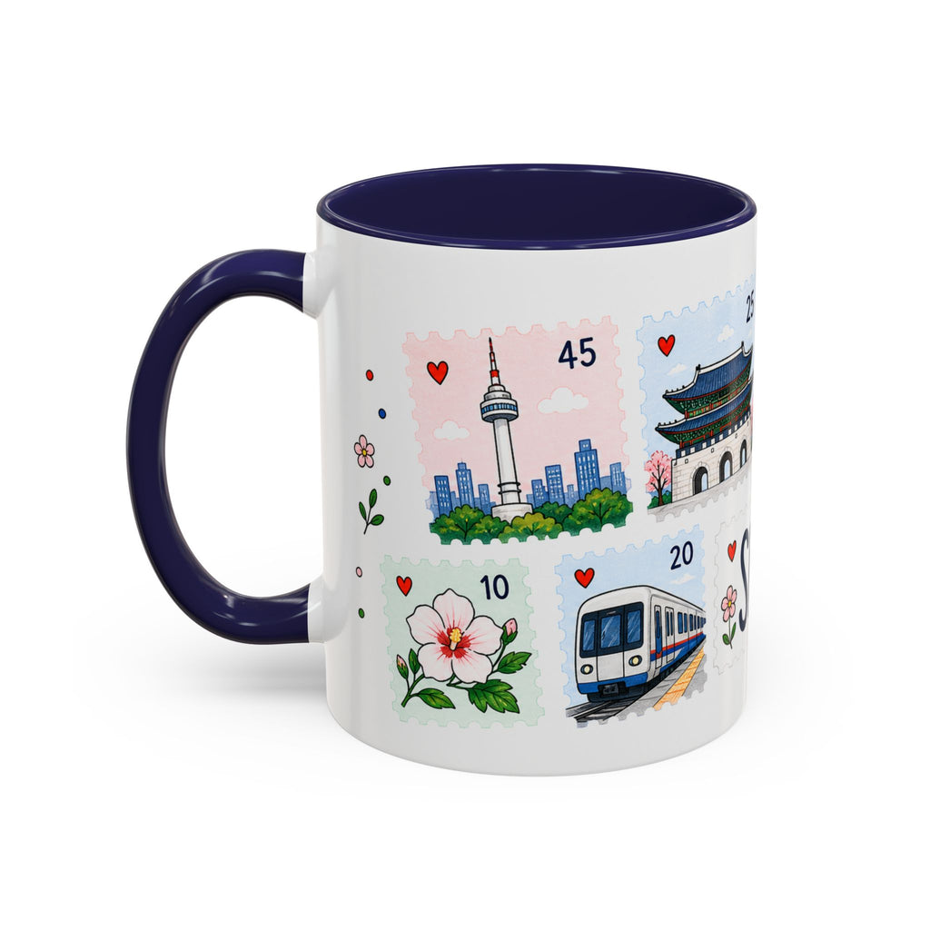 Seoul Coffee Mug | Postage Stamp Collage Mug | Travel Souvenir Accent Cup 11oz 15oz